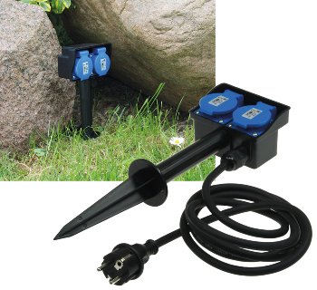 Gartensteckdose mit Erdspieß, 2-fach - IP44, 2m Kabel Gartensteckdose mit Erdspieß, 2-fach - IP44, 10m Kabel