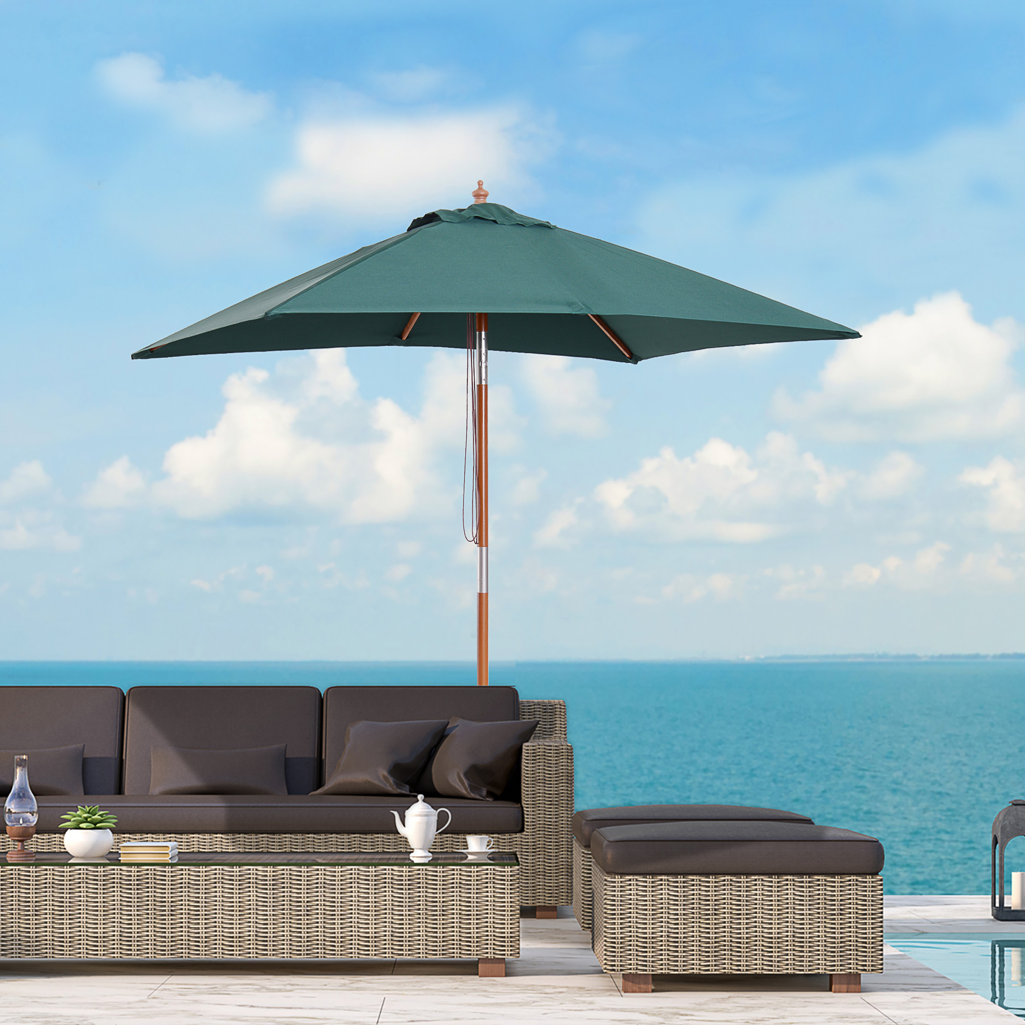 Sonnenschirm 200 x 150 x 235 cm Knickbarer Gartenschirm 3-stufig einstellbar rechteckig Strandschirm wasserabweisend und UV-beständig für Strand Balkon Terrasse Garten Grün