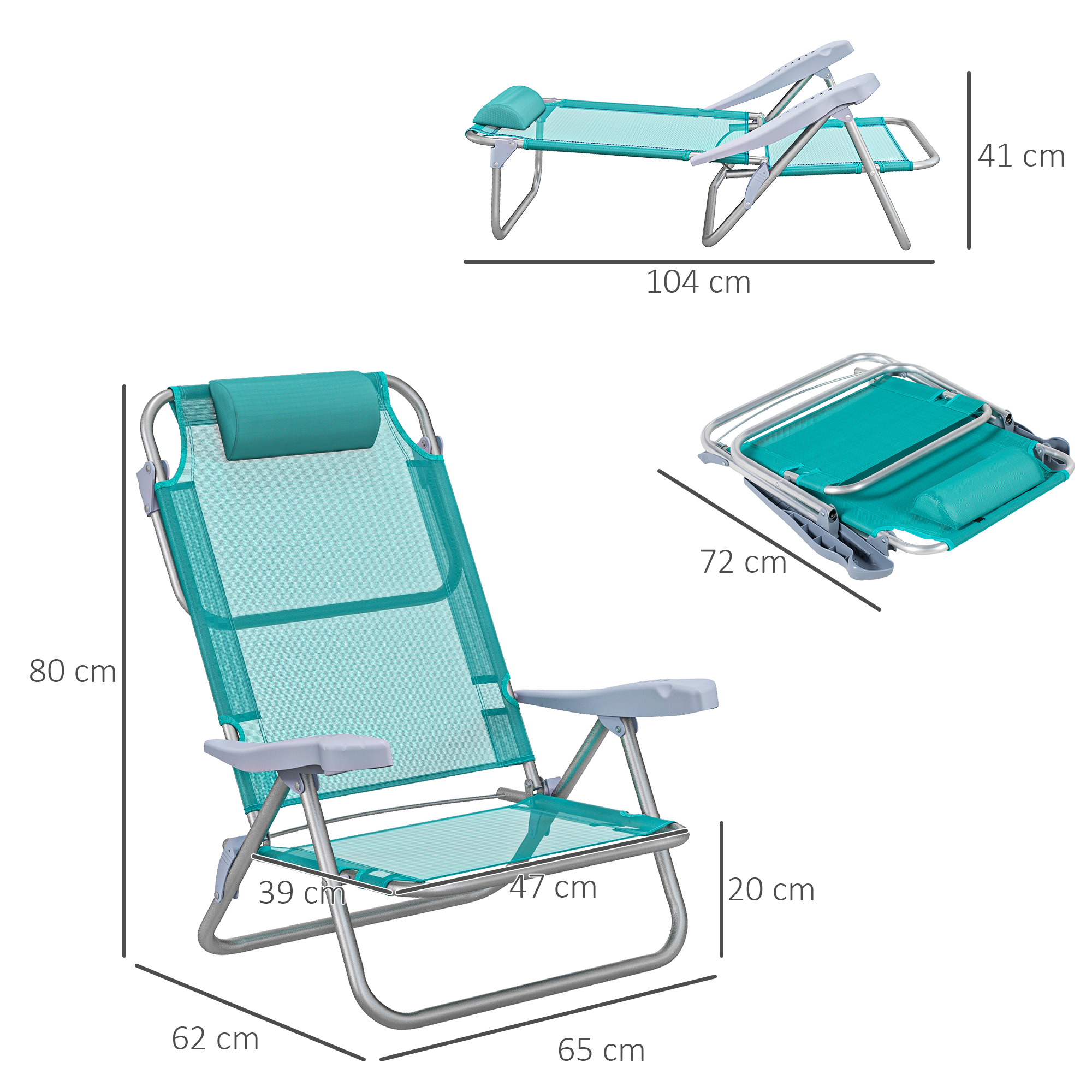 2er Set Campingstühle klappbar Campingstuhl mit 6-fach verstellbarer Netzrückenlehne Kopfstütze 62 x 65 x 80 cm Türkis