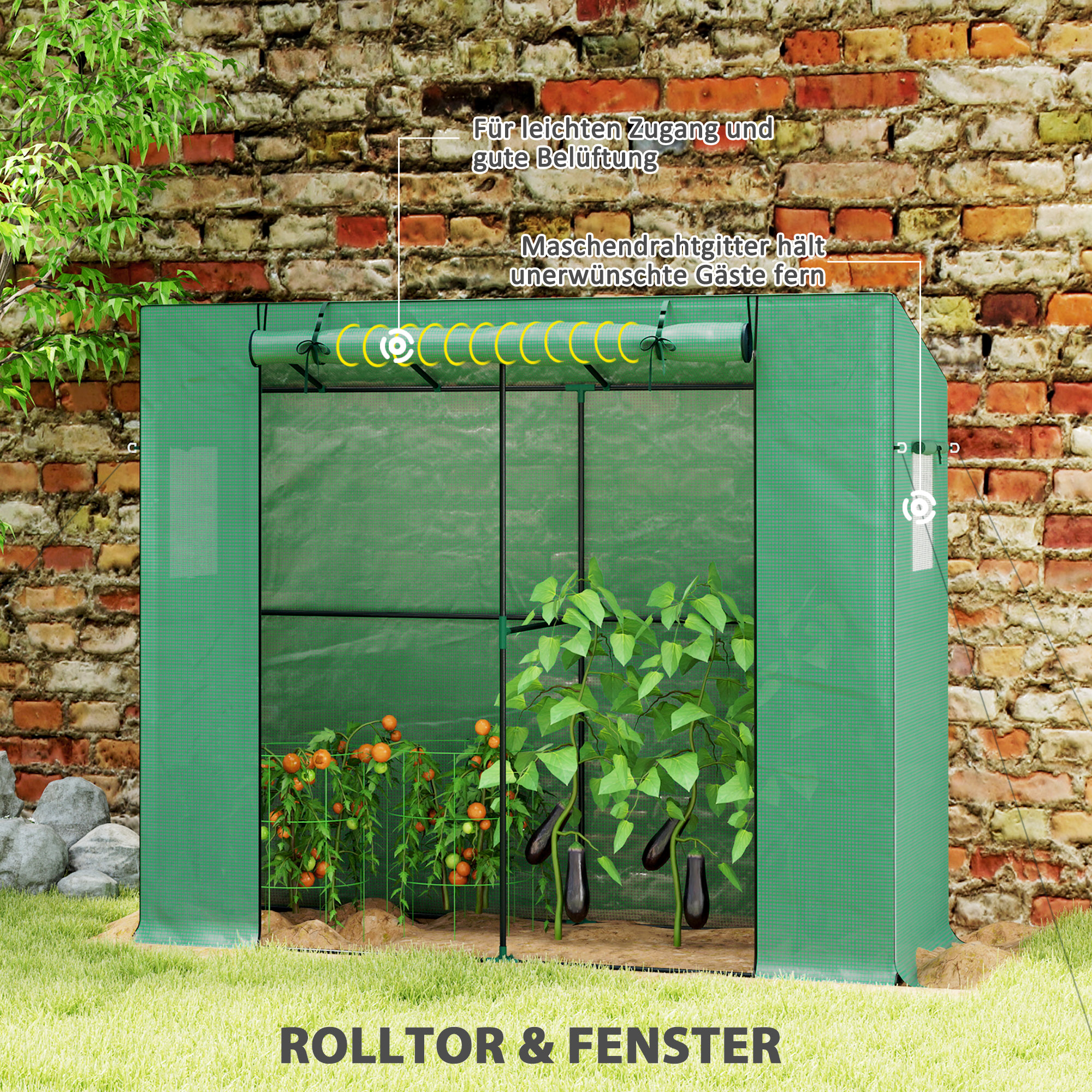Mini-Gewächshaus, Anlehn-Gewächshaus mit Rolltür und Netzfenstern, UV-beständig, für Blumen, Setzlinge, Pflanzen, Grün