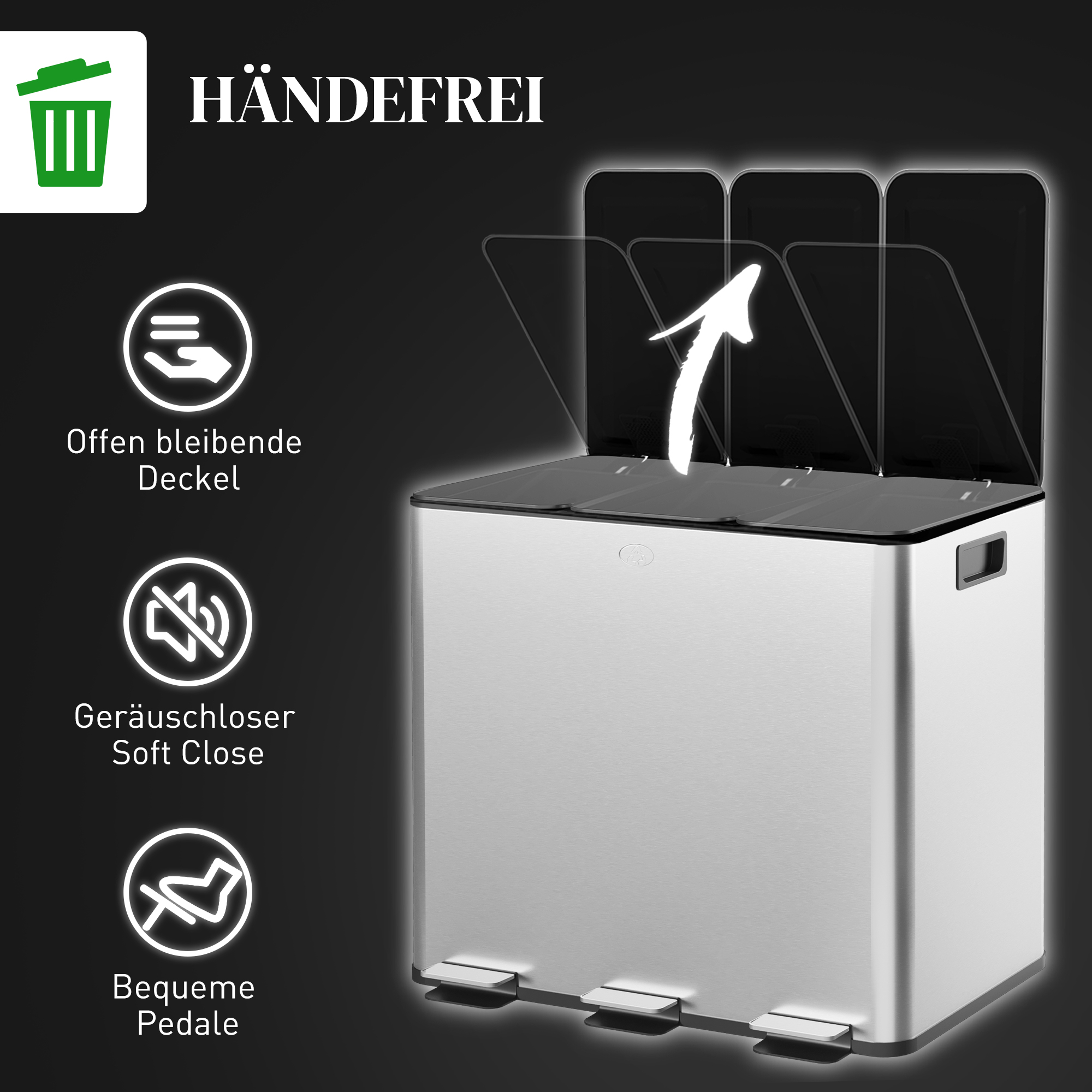 Mülleimer mit 3 x 20 L Fächern, Deodorant-Deckel, fingerabdrucksicher, Soft-Close, herausnehmbar, Silber
