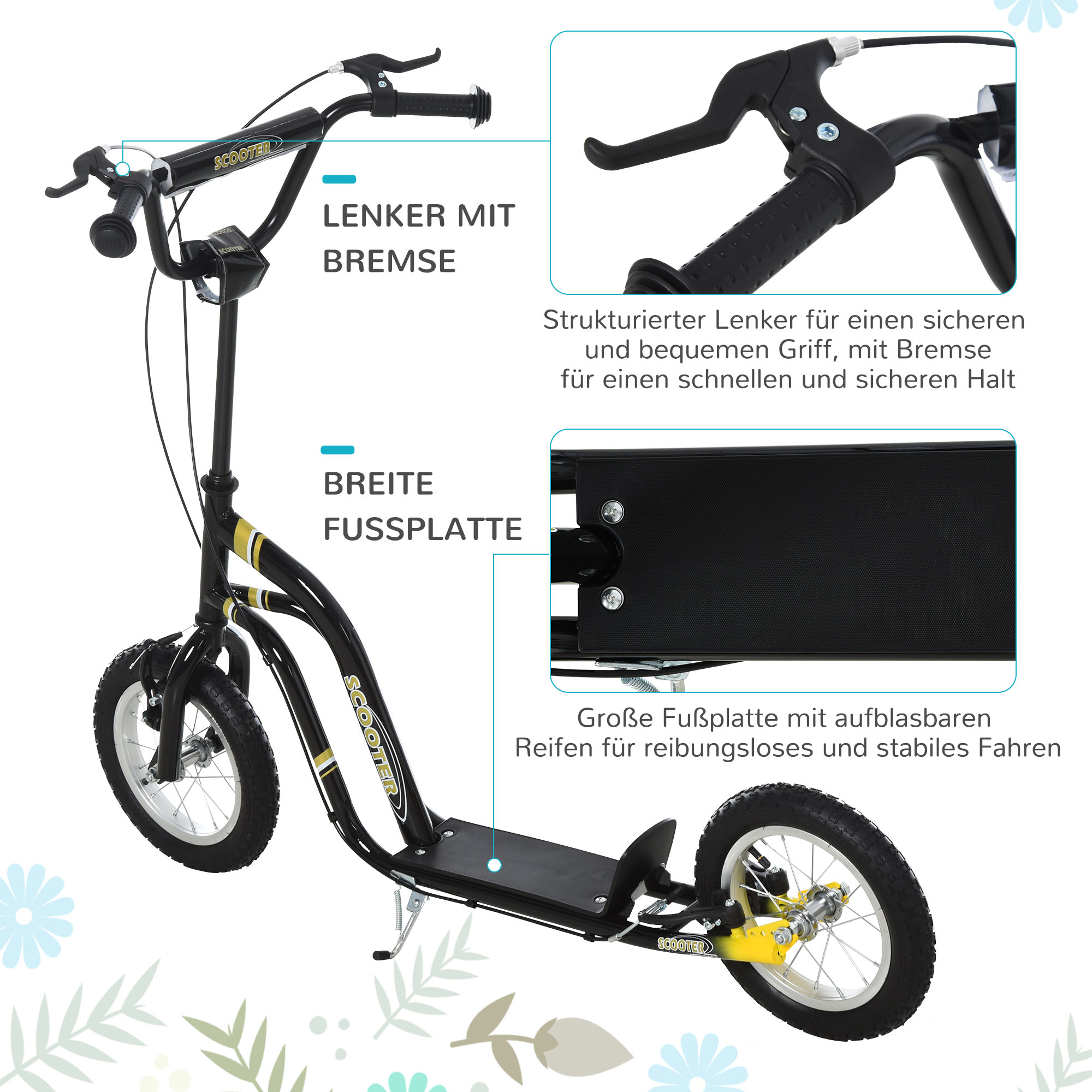 Kinderroller ab 5 Jahre Scooter Kinderscooter Tretroller Cityroller Kinder Roller Kickboard mit Luftreifen 12 Zoll Gummi Aluminium Schwarz 120 x 58 x 85-95 cm