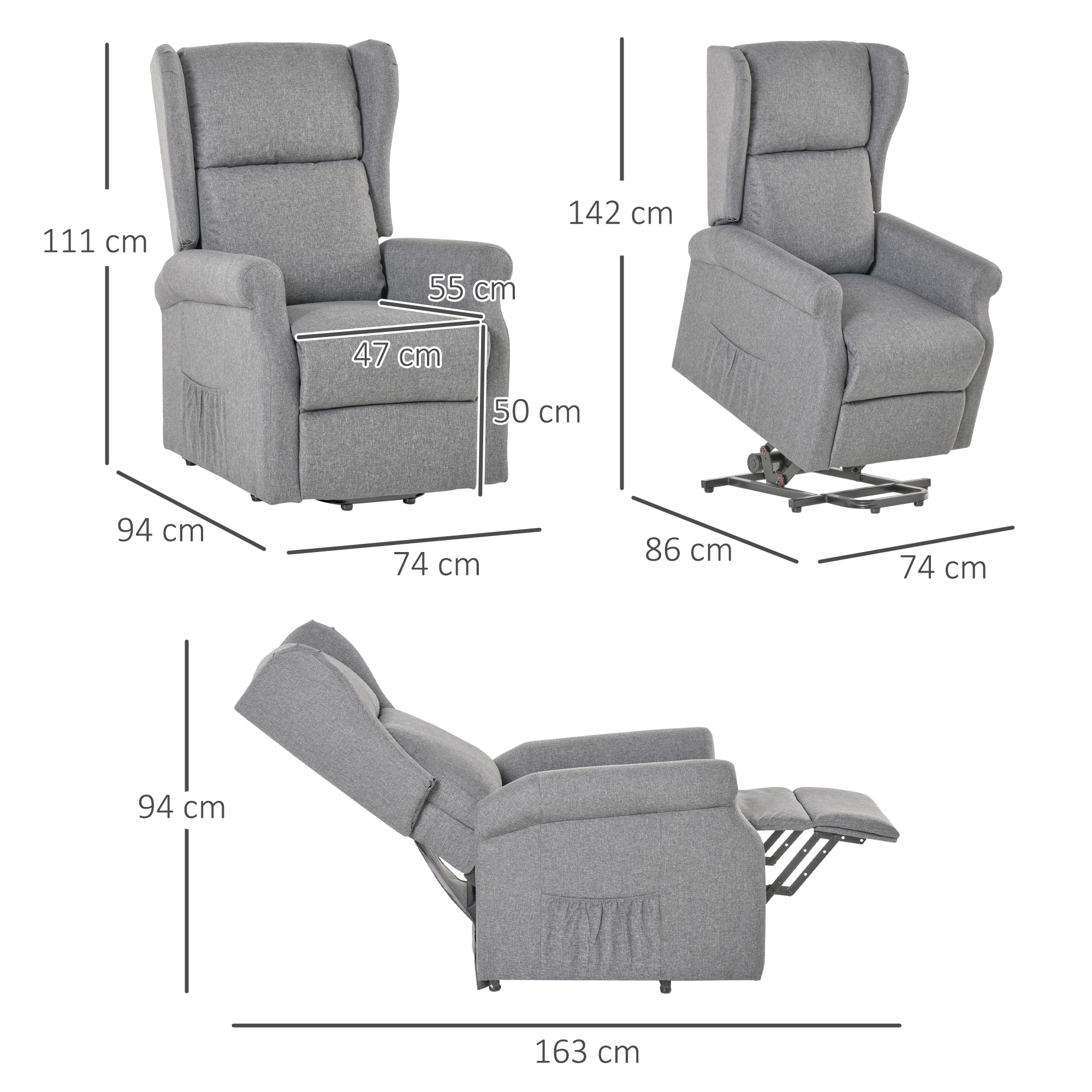 Relaxsessel, Aufstehhilfe, Liegefunktion, bis 200kg, 72,5x94x109cm, Grau
