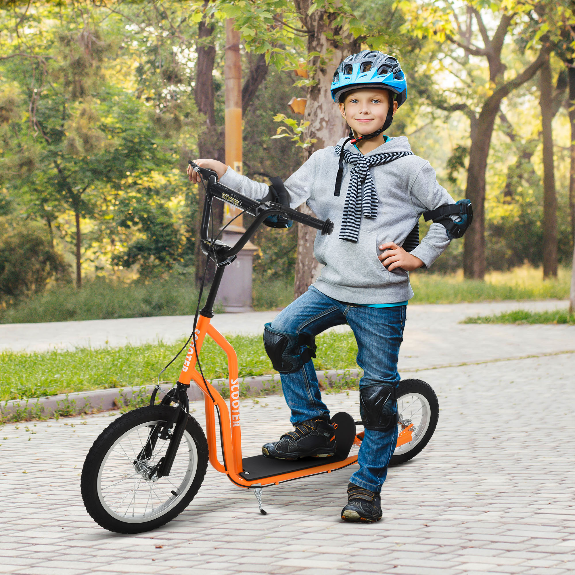 Kinderroller ab 5 jahre Scooter Tretroller Cityroller Kinder Roller Kickboard mit Luftreifen16/12 Zoll Orange 135 x 58 x 88-94 cm