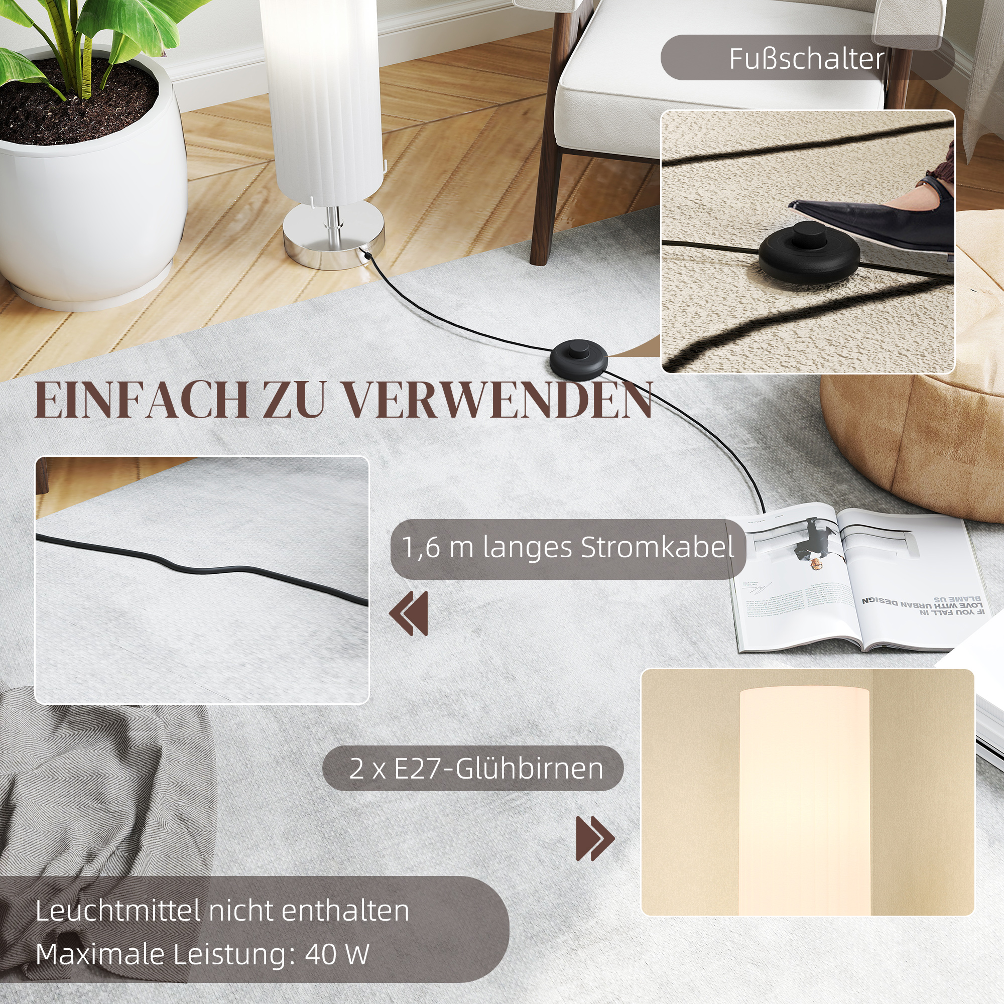 Stehlampe Wohnzimmer mit Schirm aus Polyester, 2 x E27 Fassung für Schlafzimmer 14 x 14 x 120 cm