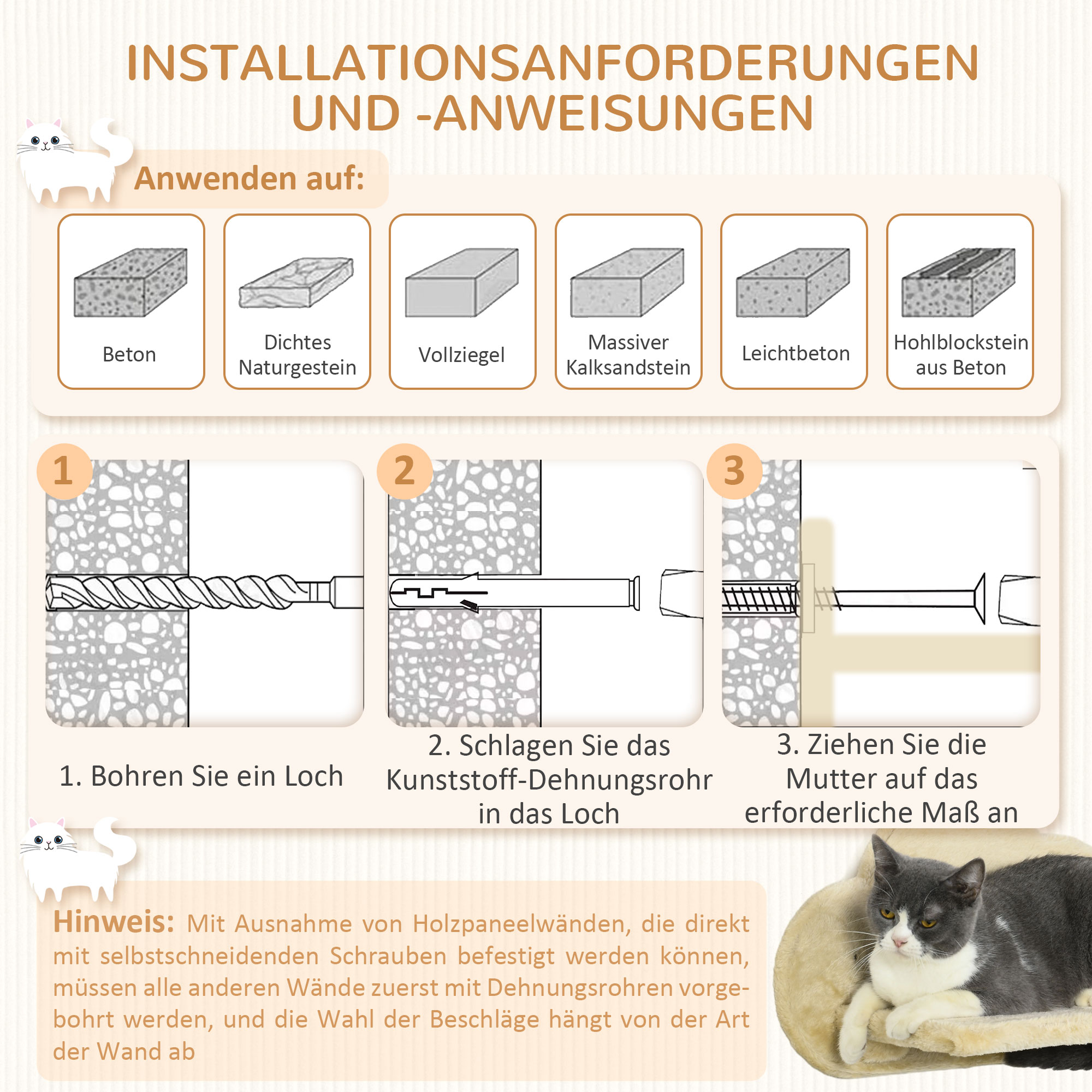Katzentreppe, 5-teiliges Set, 2 Kratzstämme, 2 Plattformen mit Plüschbezug, Hängematte, beige