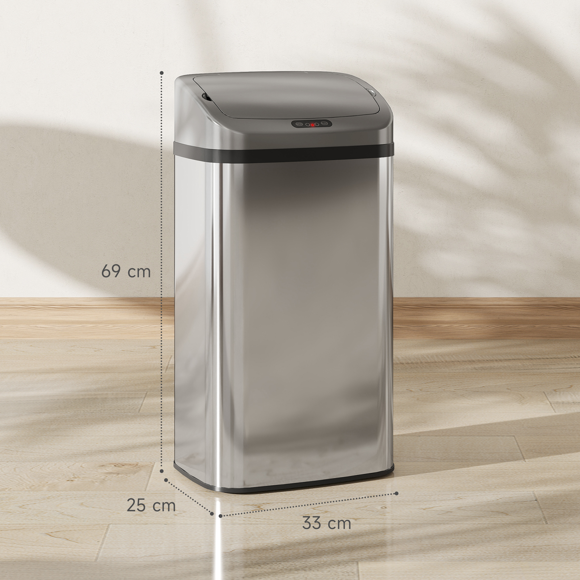 48 L Sensor-Mülleimer für Küche oder Büro, automatische Schließ-Funktion, Edelstahl, Silberton