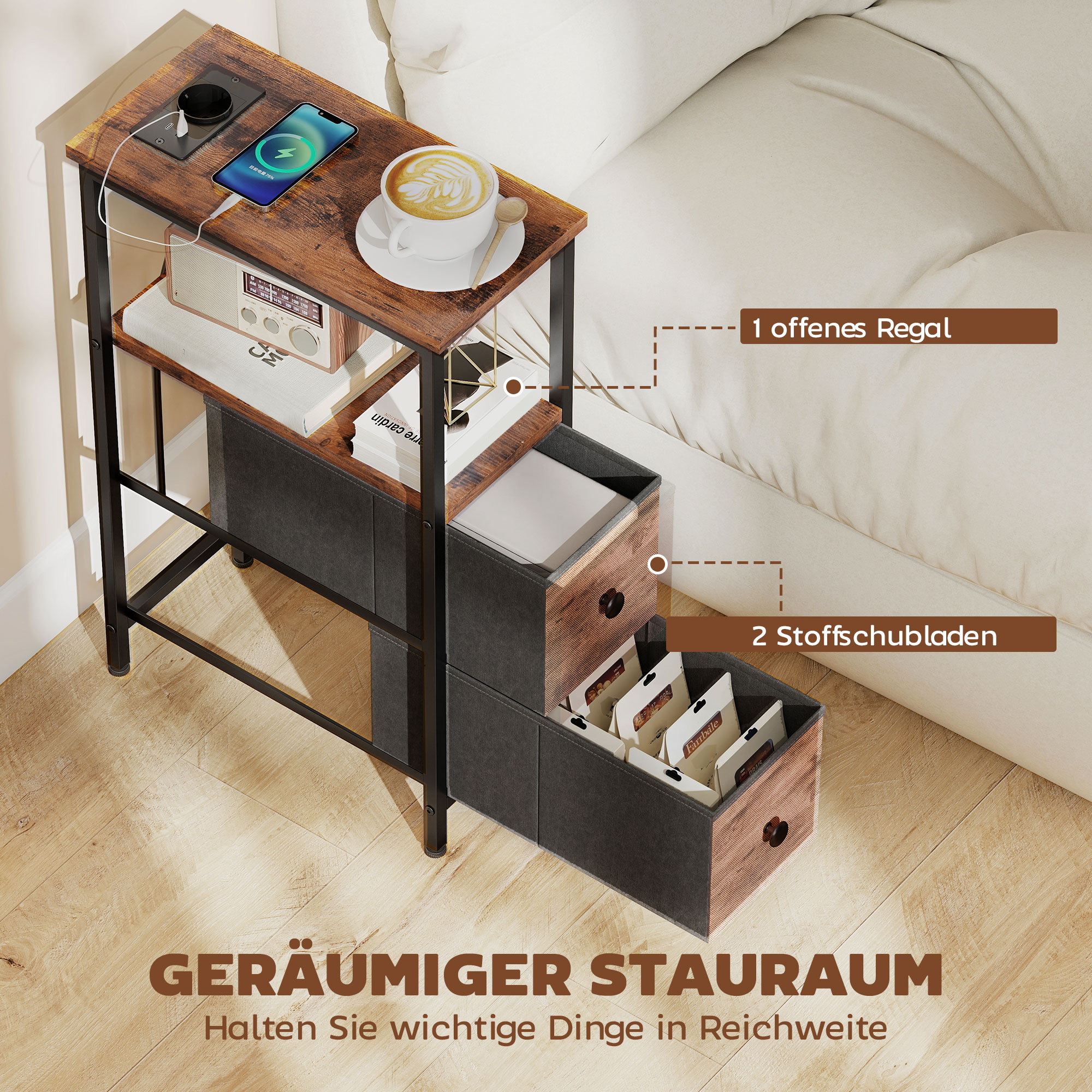 Couchtisch Beistelltisch mit Ladestation, Stahlrahmen, 2 Stoffschublade, offen Fach, 20cm x 40cm x 63cm, Rustikal-Braun