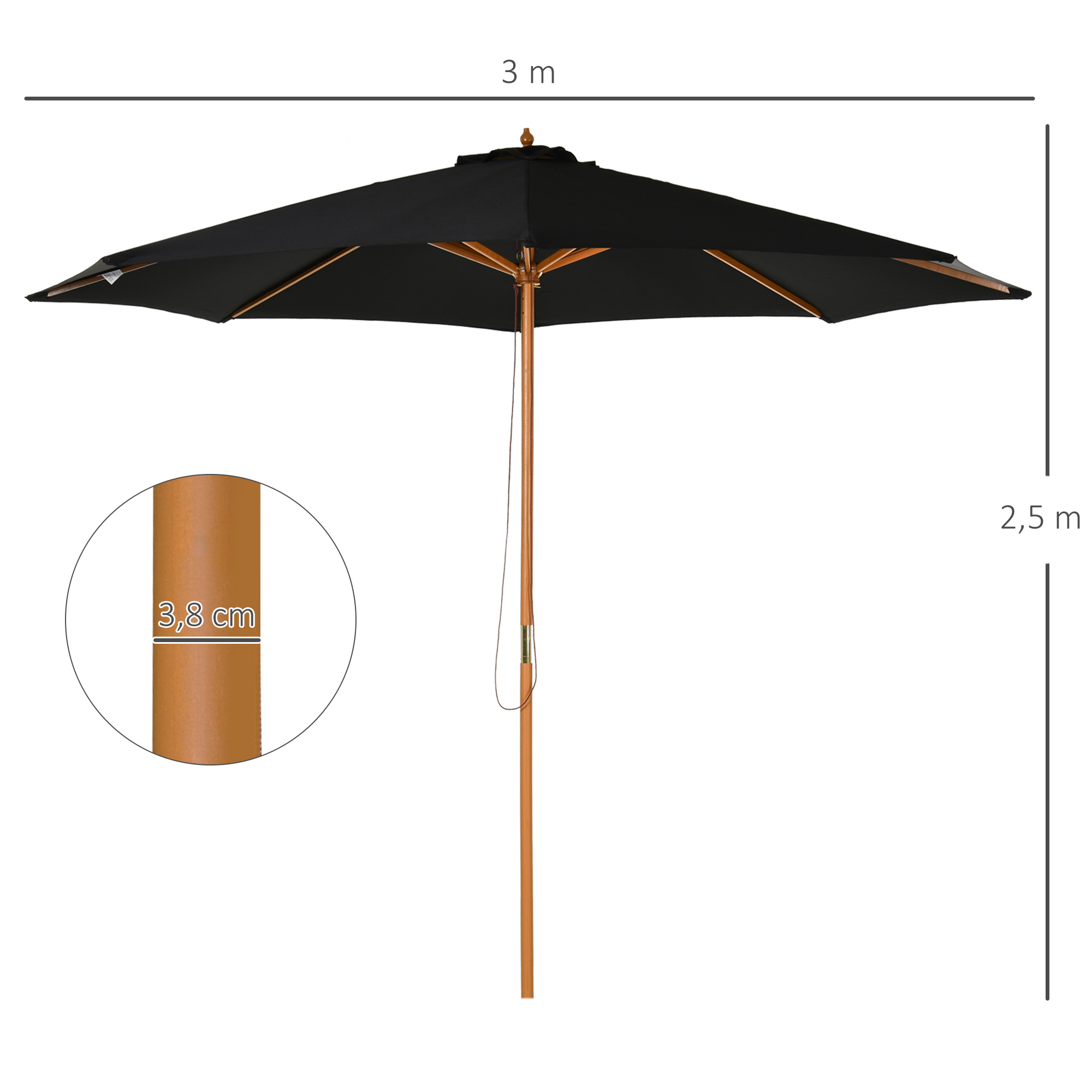 Sonnenschirm Ø 300 cm, Sonnenschirm mit UV Schutz Balkonschirm aus Holz Strandschirm stabil Marktschirm Sonnenschutz für Strand Terrasse Garten, Schwarz