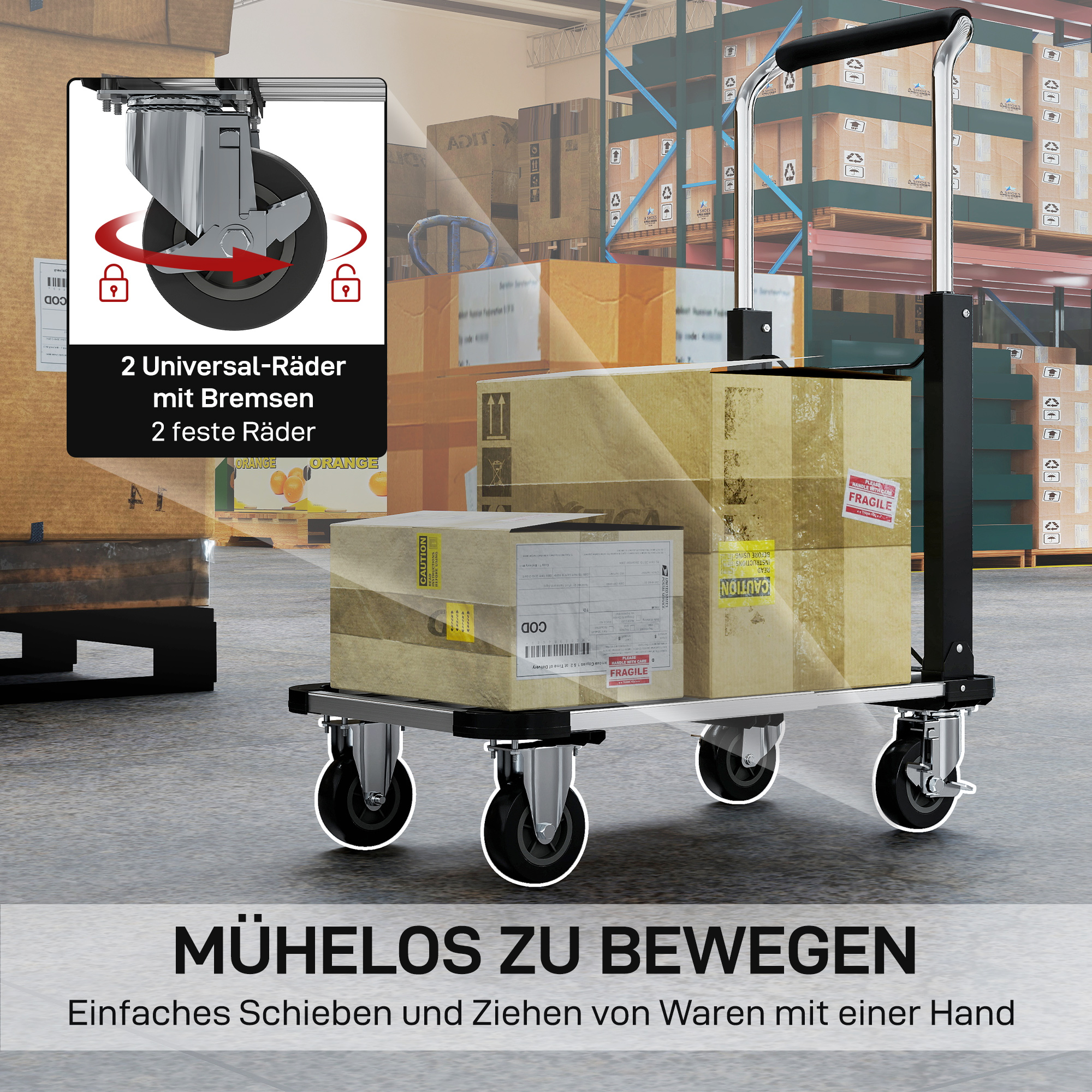 Faltbarer Handwagen, 150 kg Belastbarkeit, erweiterbare Fläche, höhenverstellbarer Griff, für Kisten, Metall, Schwarz