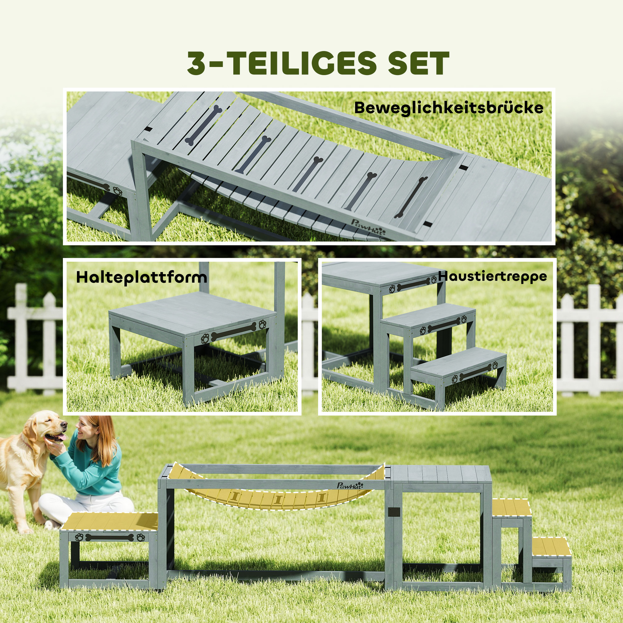Hunde Agility Set 3-teiliges Set Agility-Ausrüstung mit Brücke, Treppe, Plattform, Tannenholz, 117 x 50 x 56 cm, Grau