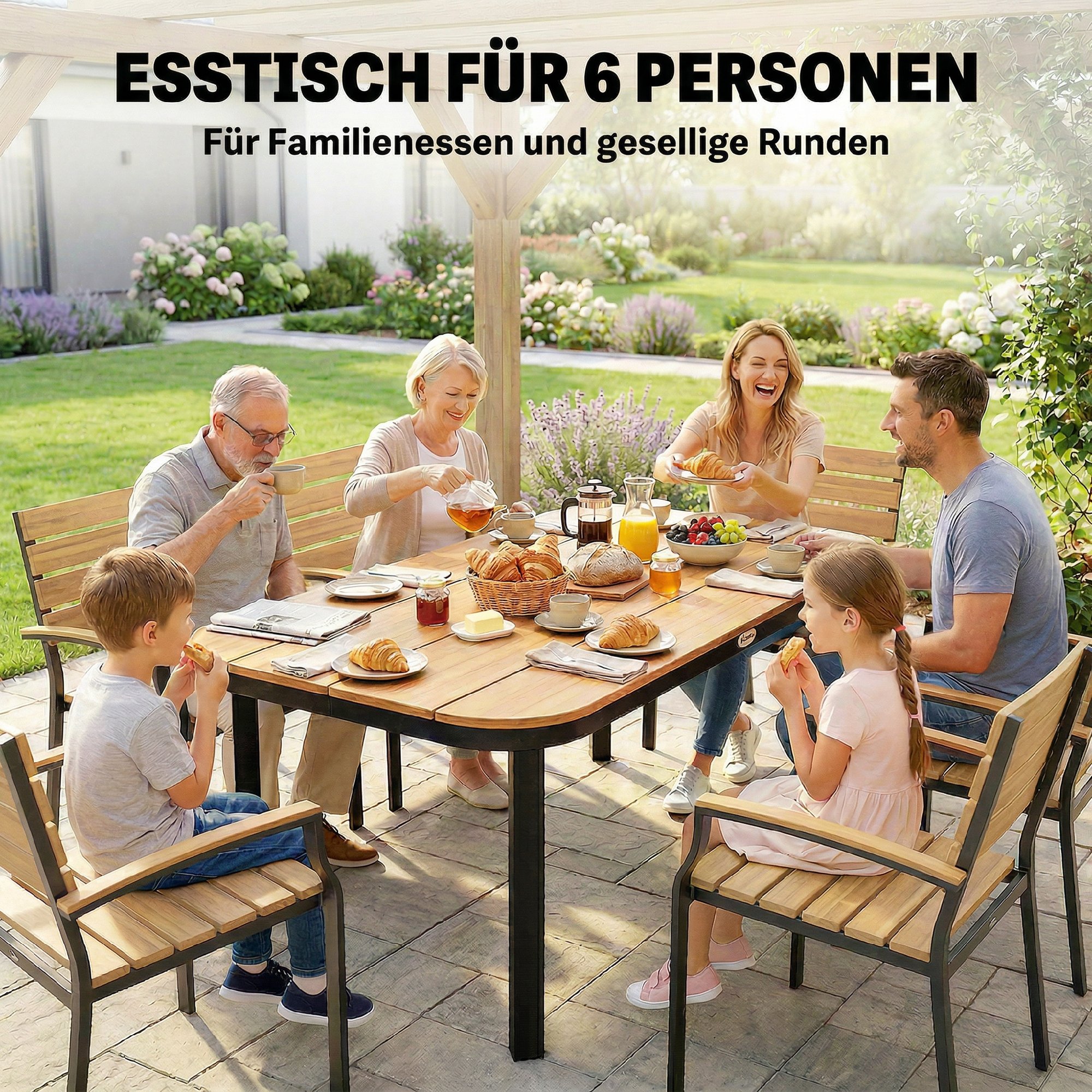 Gartentisch, Esstisch für 6 Personen, Balkontisch mit Metallrahmen, WPC Lamellentischplatte, 155 x 88 x 72 cm, Braun