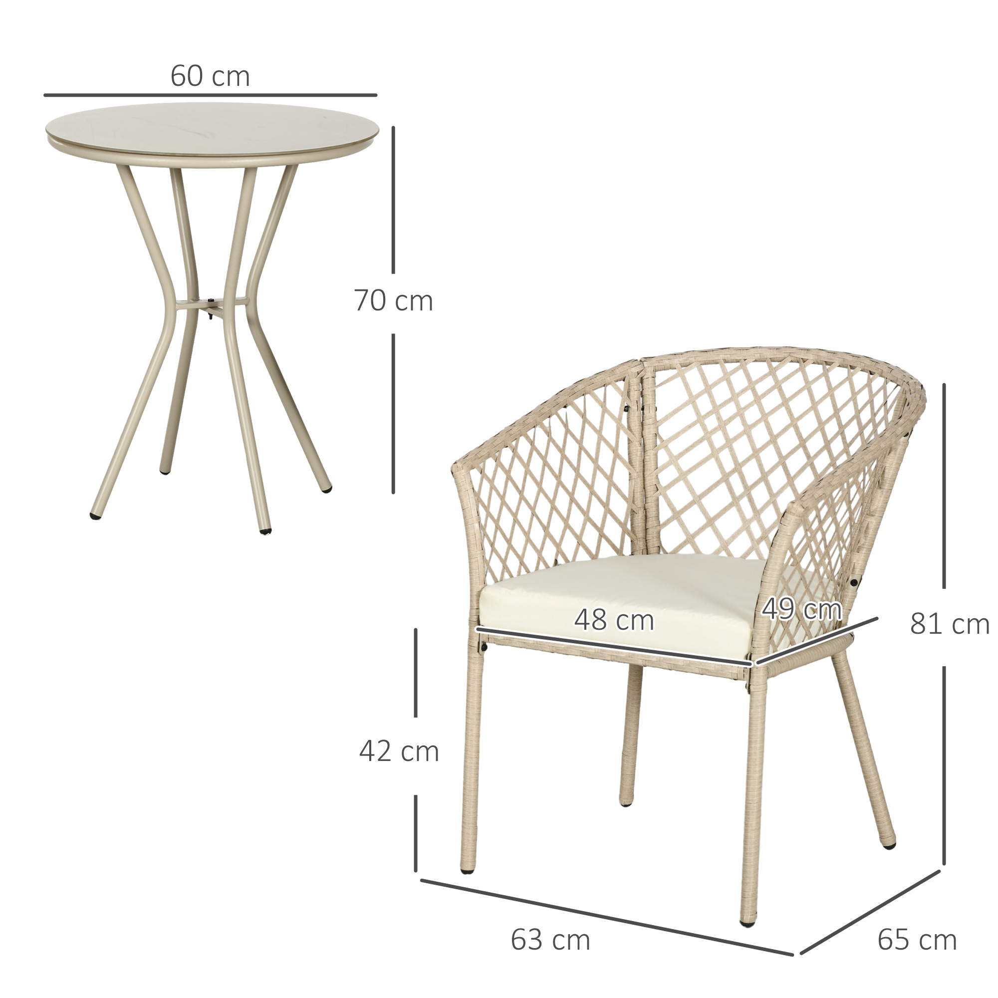 Rattan Gartenmöbel-Set, 2 Stühle und Tisch, Hartglas-Tischplatte, PE-Rattan, Sitzauflagen, Metallrahmen, Khaki