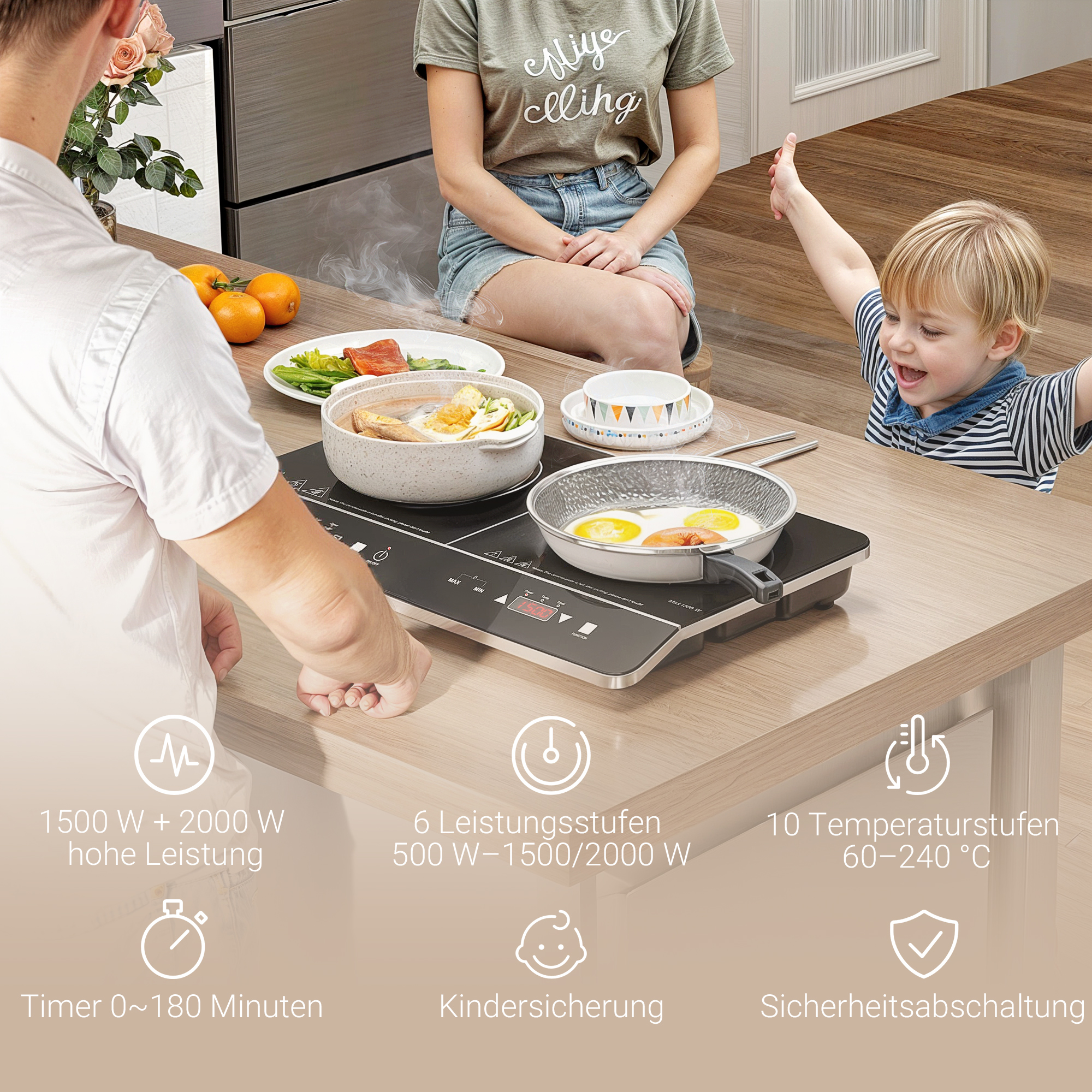 Tragbares Induktionskochfeld, 10-stufige Temperaturregelung, Touchpanel, Schwarz