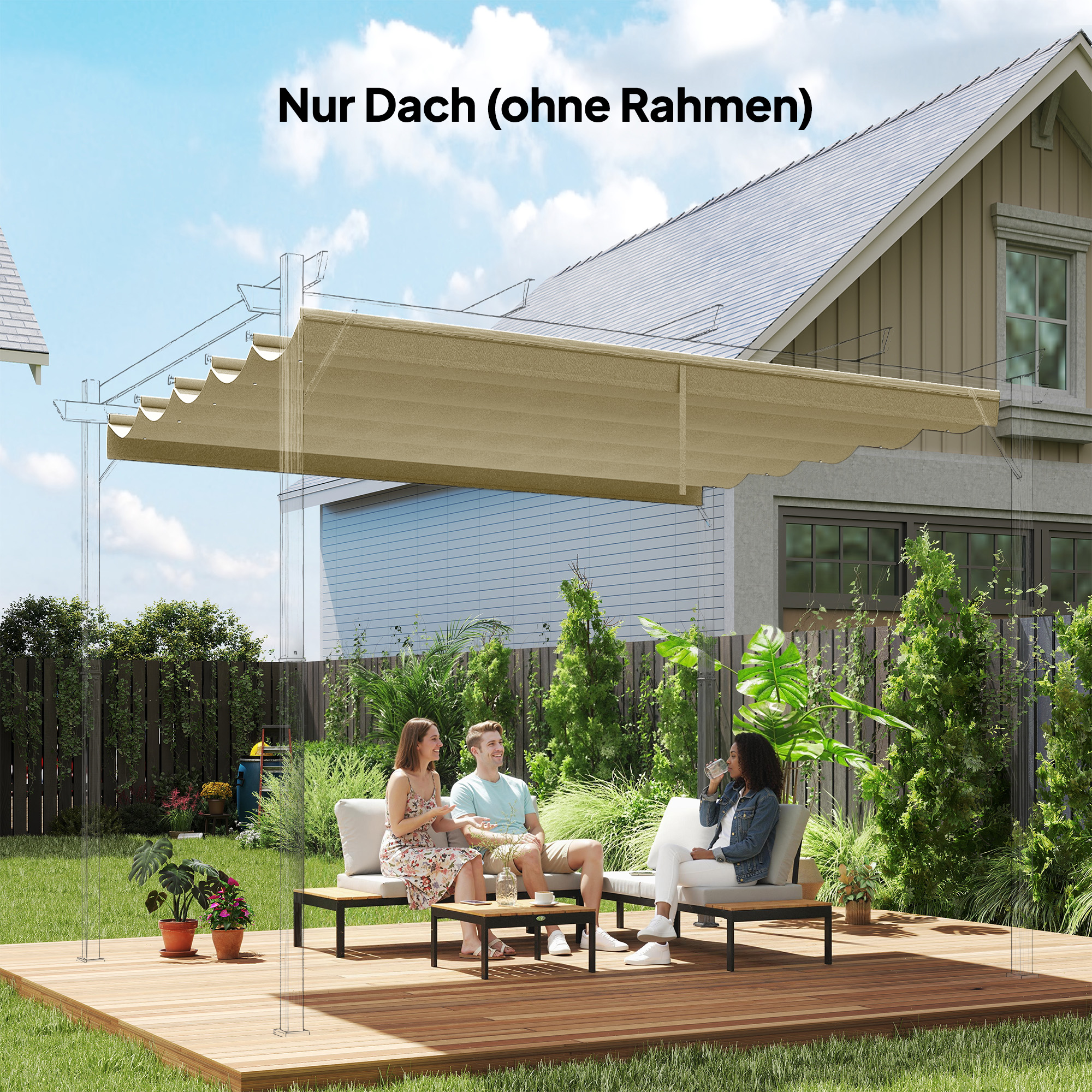 Ersatzdach für 3 x 3 m Pergola, einziehbar, mit Regenabflusslöchern, wetterfest, Polyester, Beige