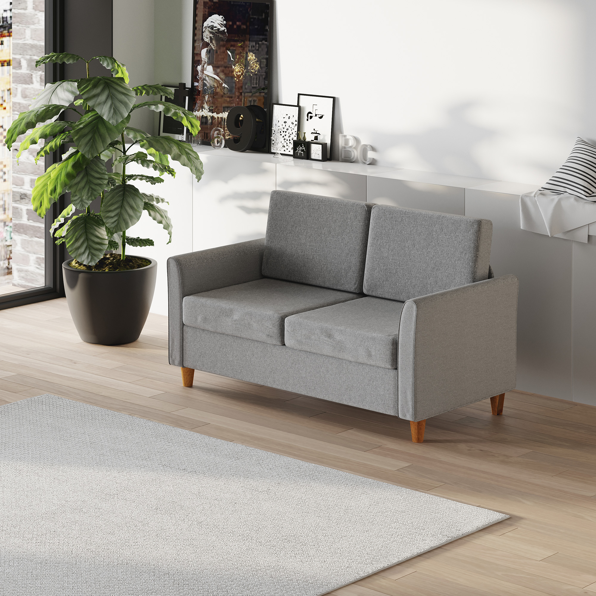 Zweisitzer Sofa | Abnehmbare Kissen | Leinen, Schaumstoff, Kautschukholz | Hellgrau | 141 x 70 x 78 cm