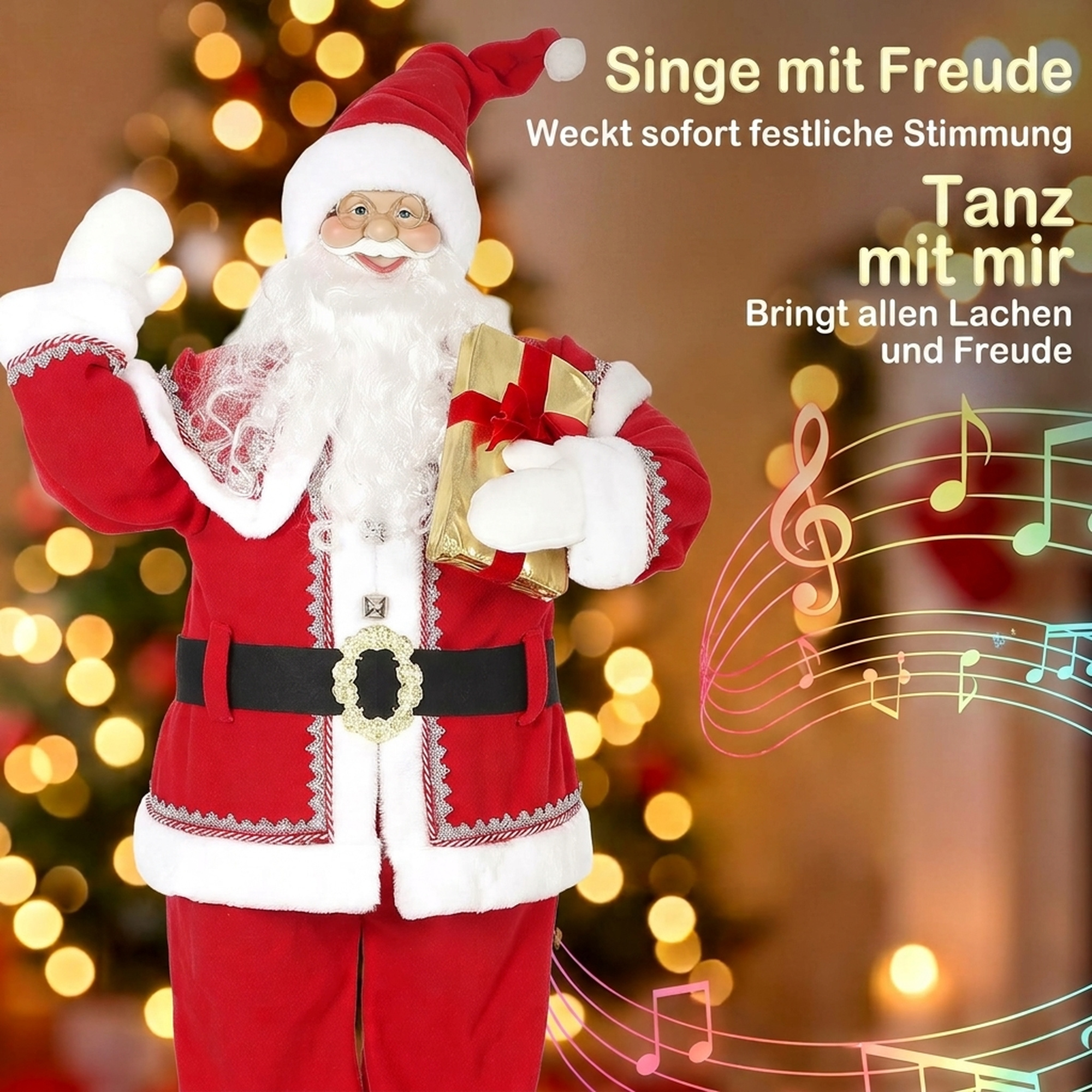 Lebensgroßer singender Weihnachtsmann 150 cm, animierte Musikfigur mit drehendem Kopf, winkender Hand und Geschenk