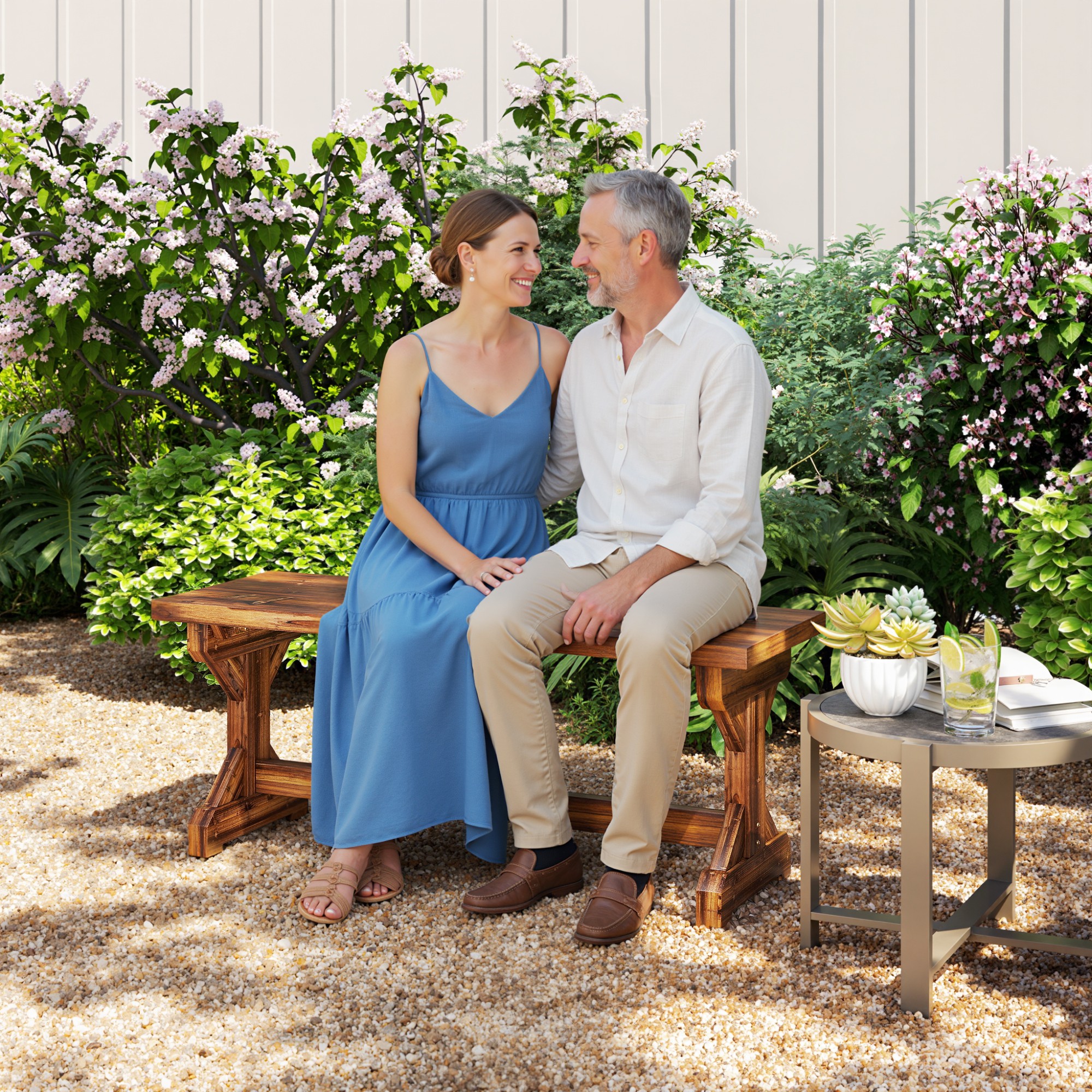 2-Sitzer Gartenbank wetterfest Sitzbank aus Holz Parkbank mit X-Basis  240kg Belastbar 114 x 40 x 46 cm Verkohlt