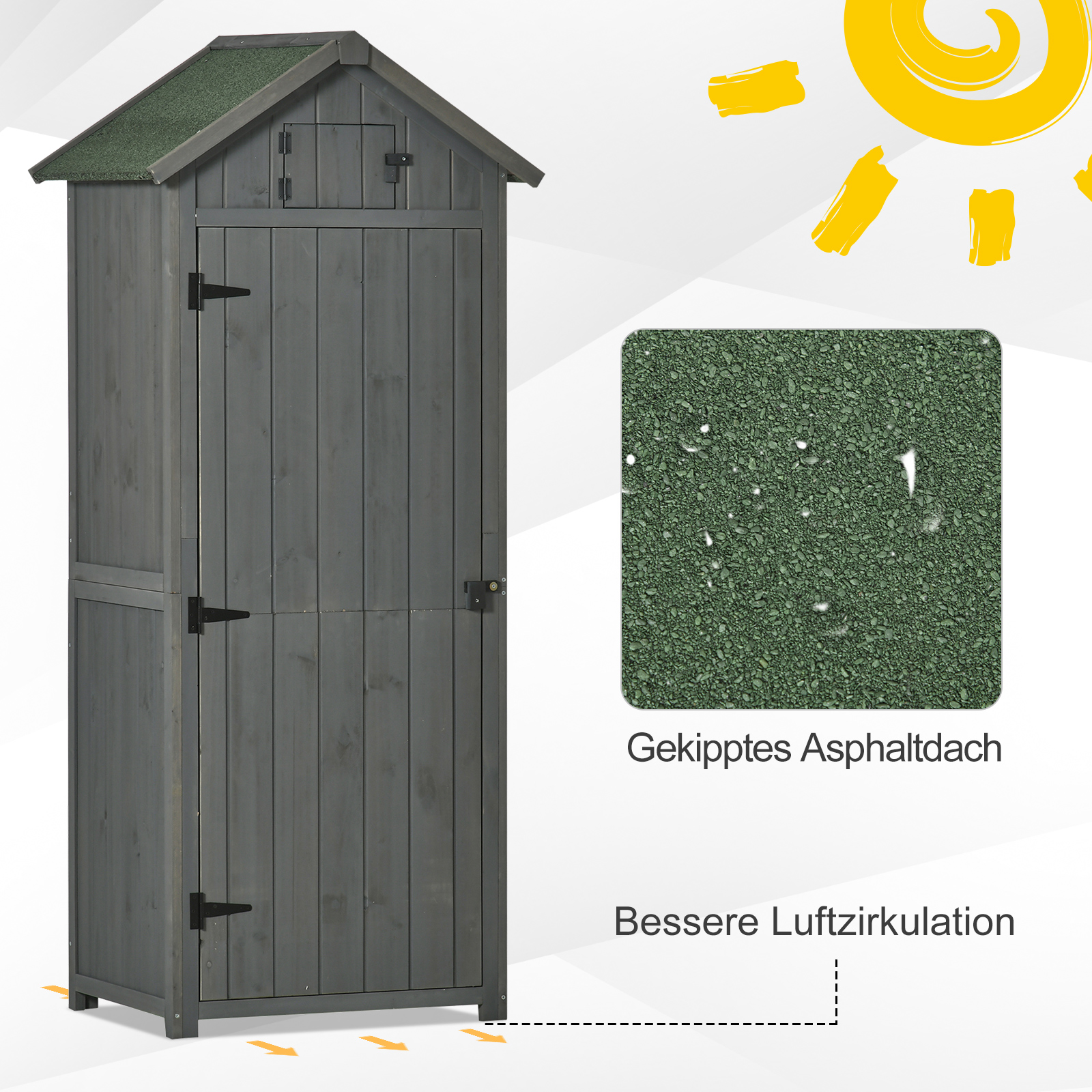Gartenschrank Holz, Geräteschuppen wetterfest 77x54,2x179cm, Gerätehaus mit Tür, Satteldach, Geräteschrank mit Böden, Werkzeugschrank Gartenschuppen für Garten, Terrasse, Grau+Grün