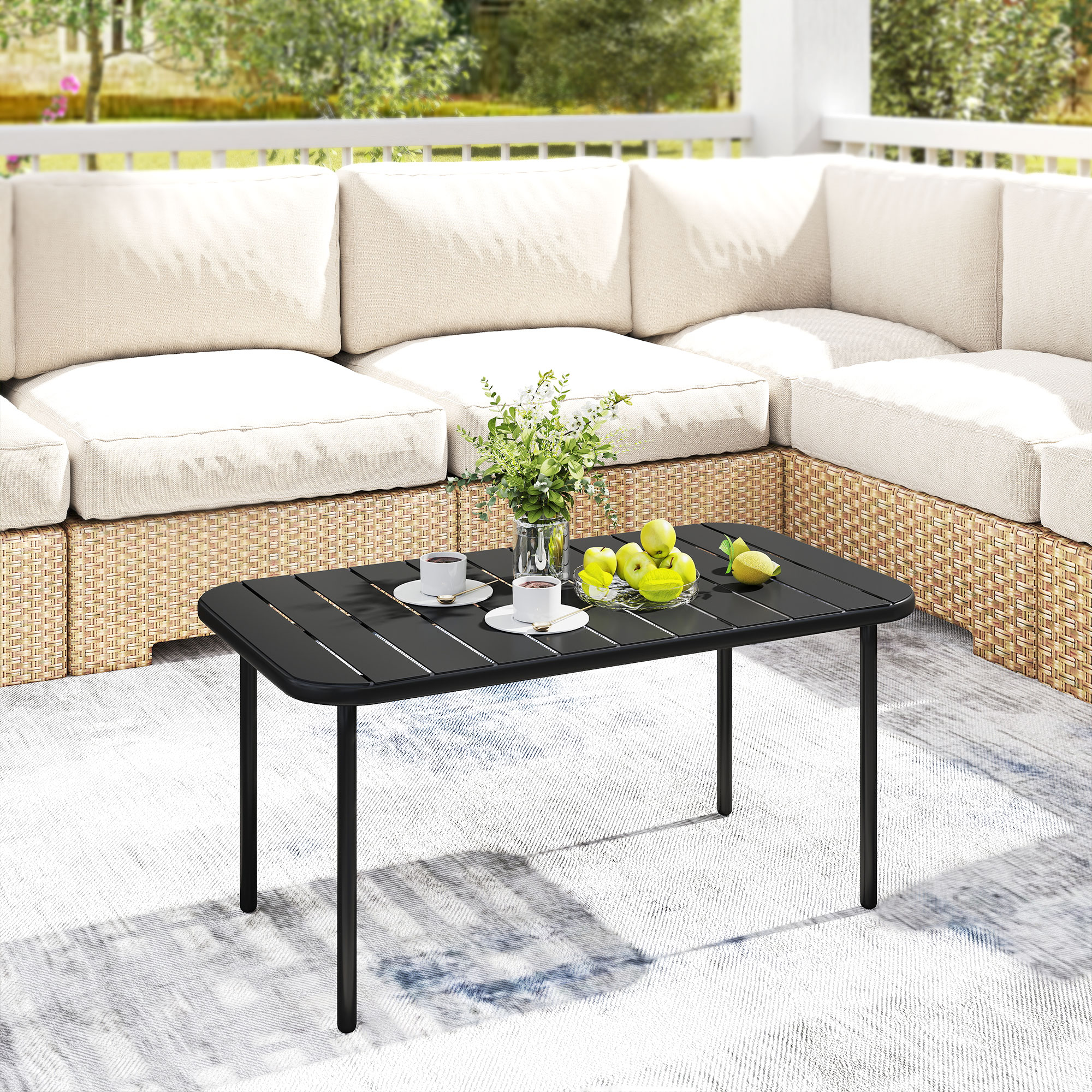 Outdoor-Couchtisch, wetterfester rechteckiger Metall-Patiotisch mit Lamellentischplatte für den Außenbereich