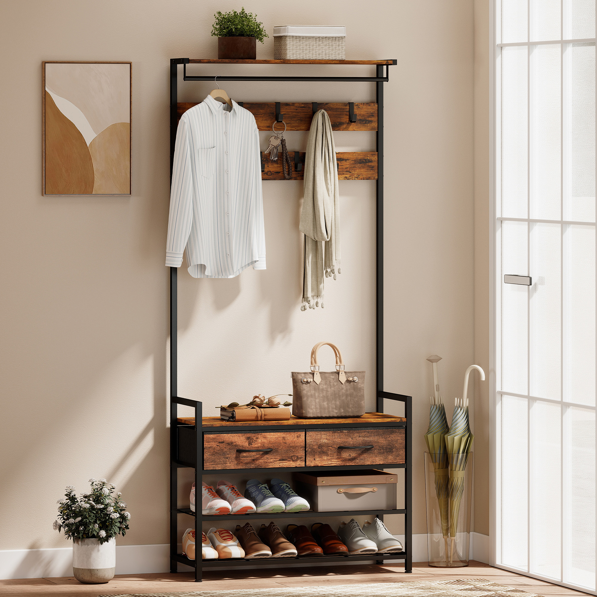 Garderobenständer mit Kleiderhaken, Schuhbank, Industrieller Eingangs-Organizer, Stahlrahmen, Rustikal Braun