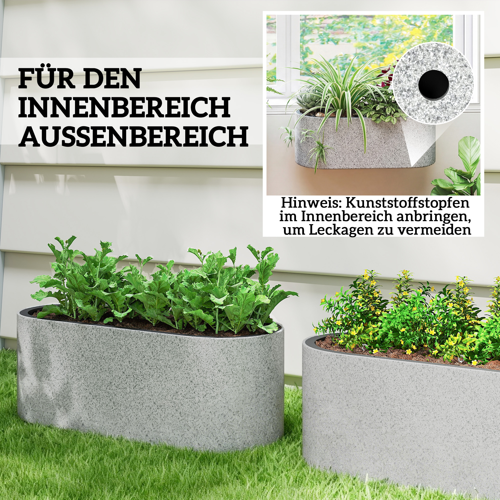 2er Set Blumentopf Hängend Pflanzkübel mit Ablaufsystem Loch Haken 42 x 16 x 15 cm Hellgrau