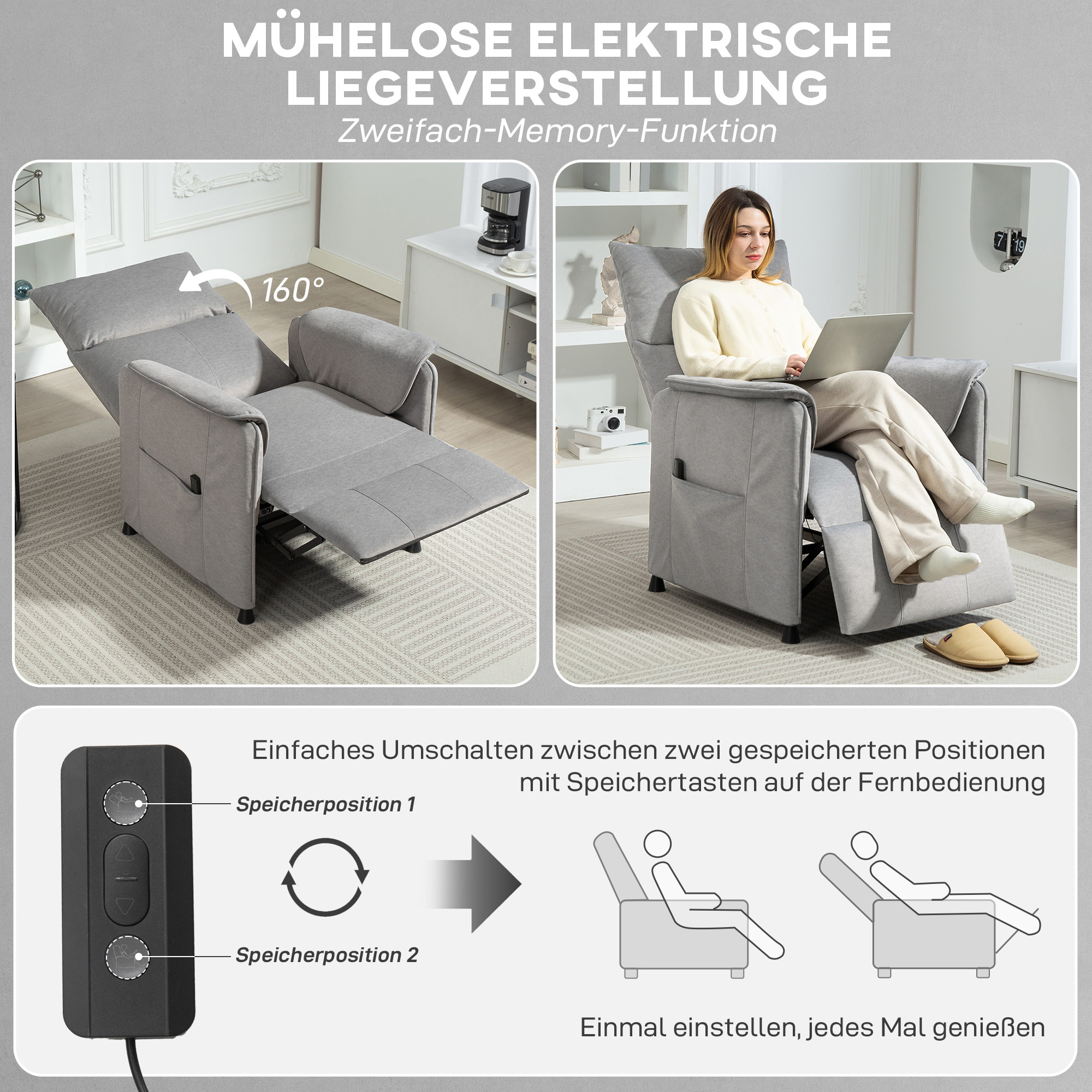 Relaxsessel mit leisem Motor, Polstersessel mit robusten Stoffbezug, Memory-Funktion, anpassbare Fußstütze, Grau