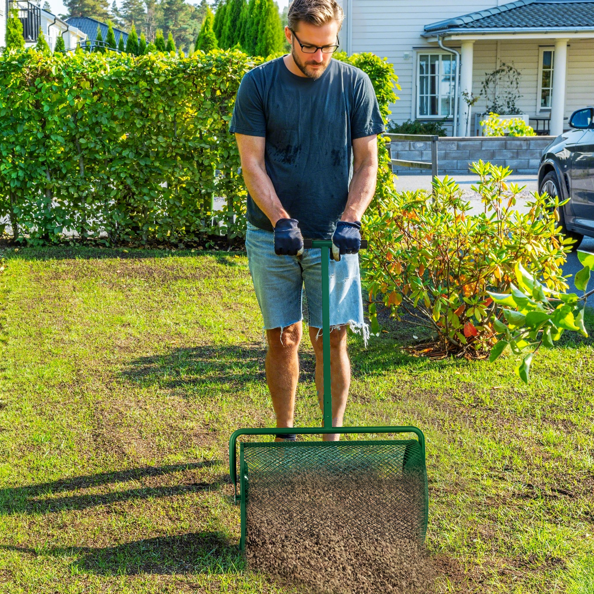 Kompoststreuer 75L 61x40cm Düngerstreuer Rasen Garten mit T-Griff Mesh-Korb Metall Grün