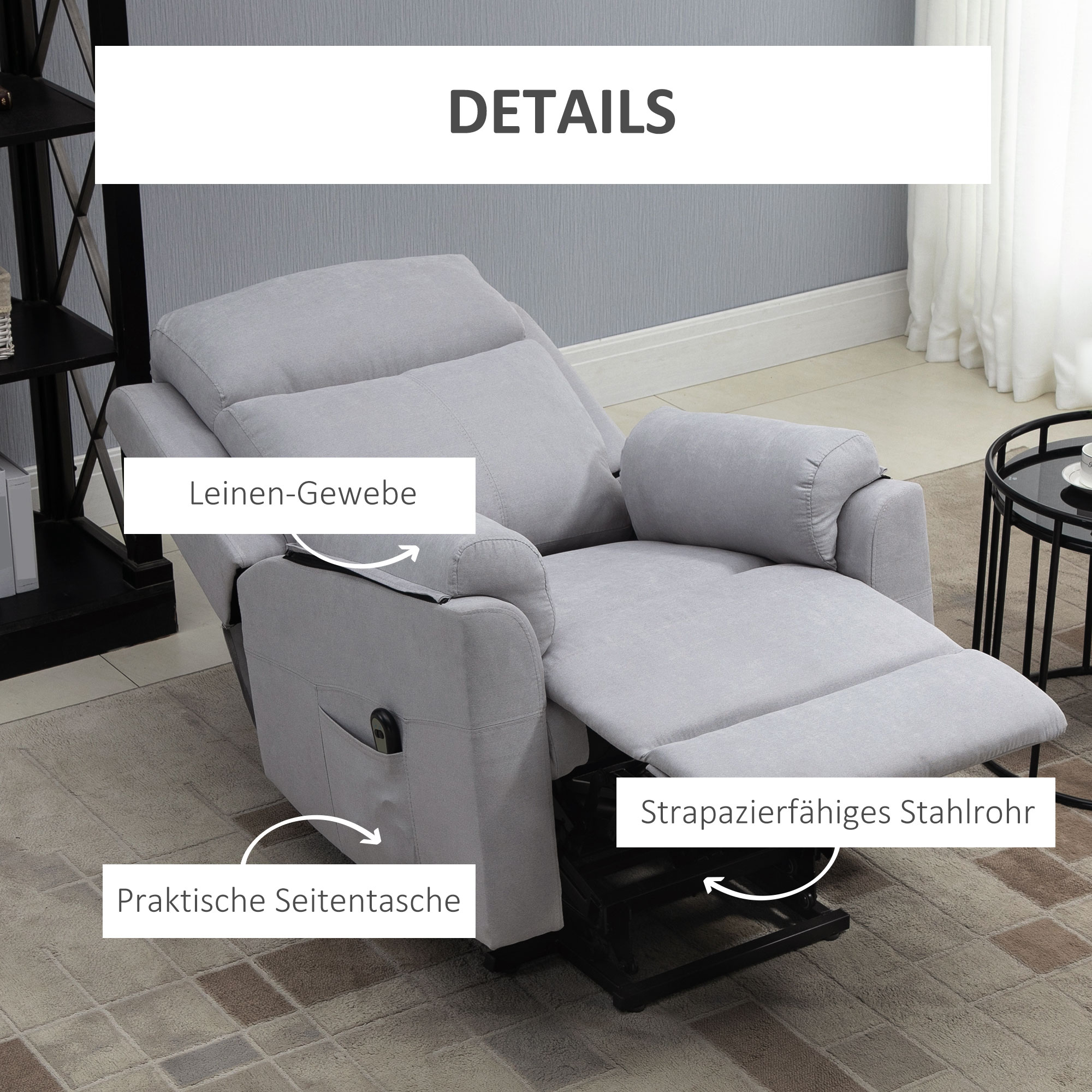 elektrischer Aufstehsessel Sessel mit Aufstehhilfe für Senior Relaxsessel TV Sessel mit schlaffunktion und aufstehhilfe Fernsehsessel Liegefunktion Leinen-Touch Hellgrau 83 x 89 x 102 cm