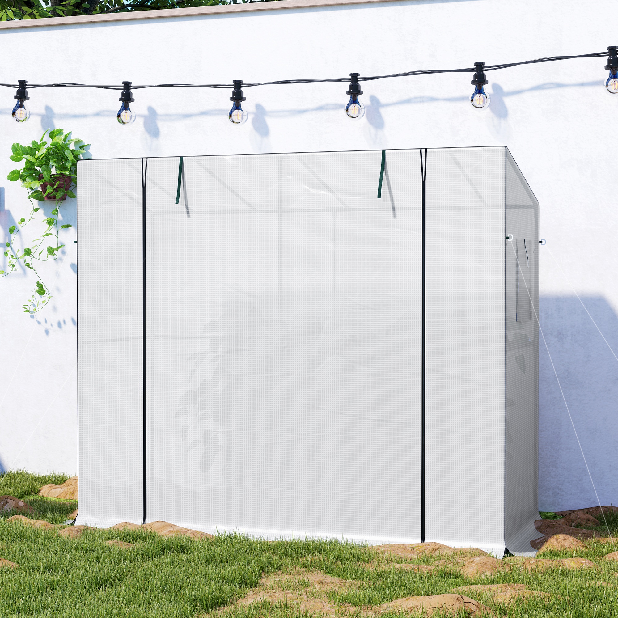 Mini-Gewächshaus, Anlehn-Gewächshaus mit Rolltür und Netzfenstern, UV-beständig, für Blumen, Setzlinge, Pflanzen, Weiß