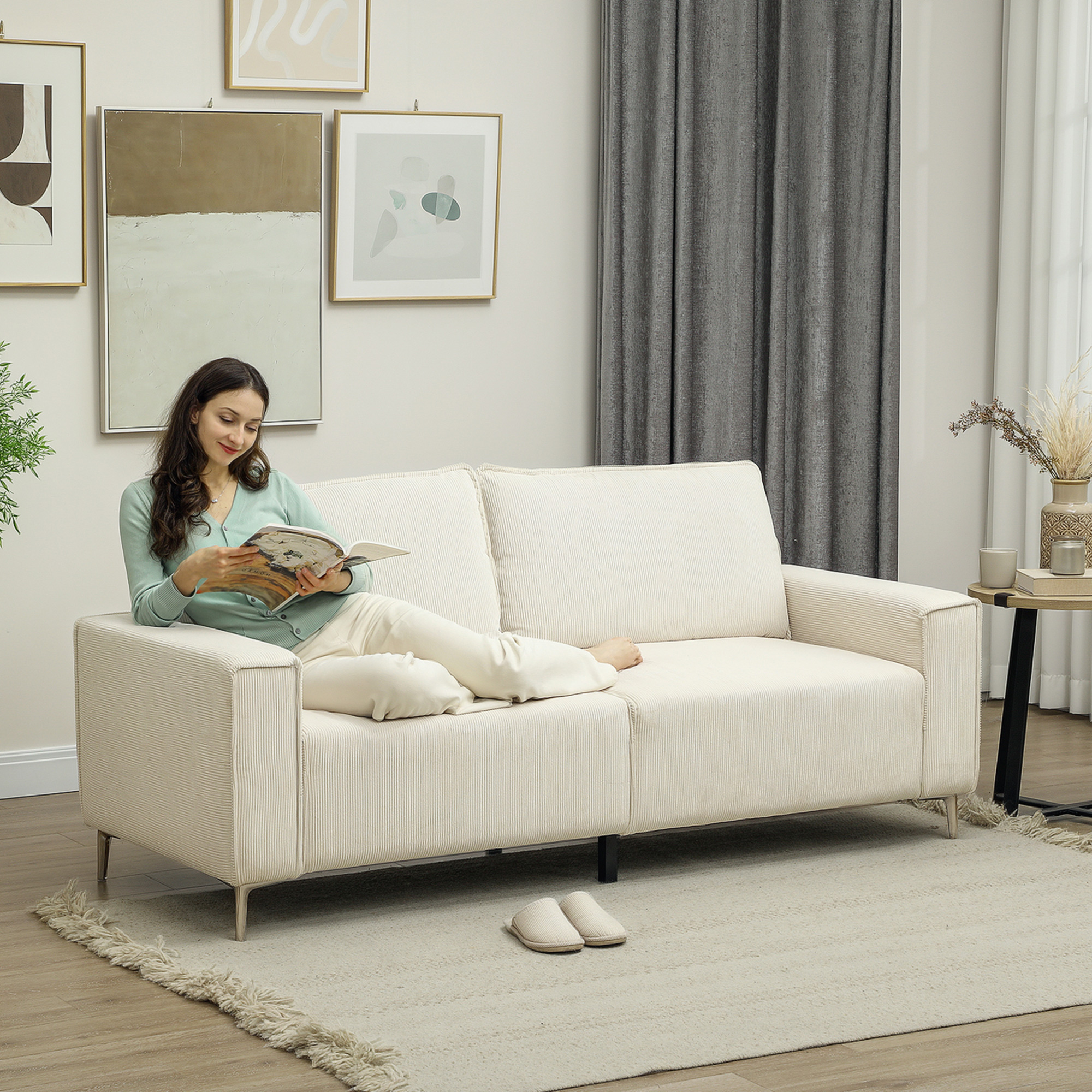 Modernes 3-Sitzer-Sofa, Weiche Couch mit Rückenkissen, Polstersofa für Wohnzimmer, Schlafzimmer, Homeoffice, Cremeweiß