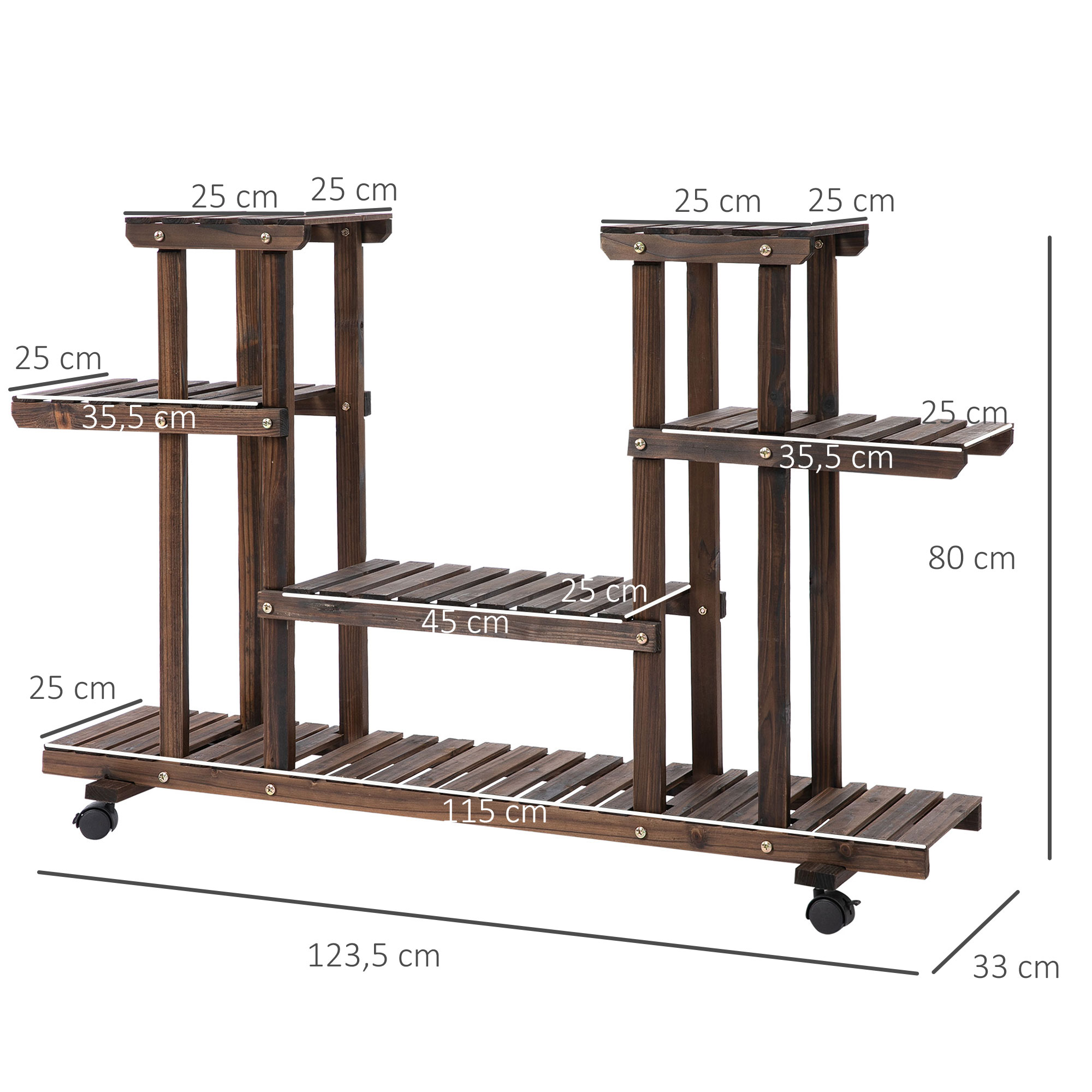 Blumentreppe 6 Regale 4 Rollen 123,5 cm × 33 cm × 80 cm Massivholz Braun 123,5 cm × 33 cm × 80 cm