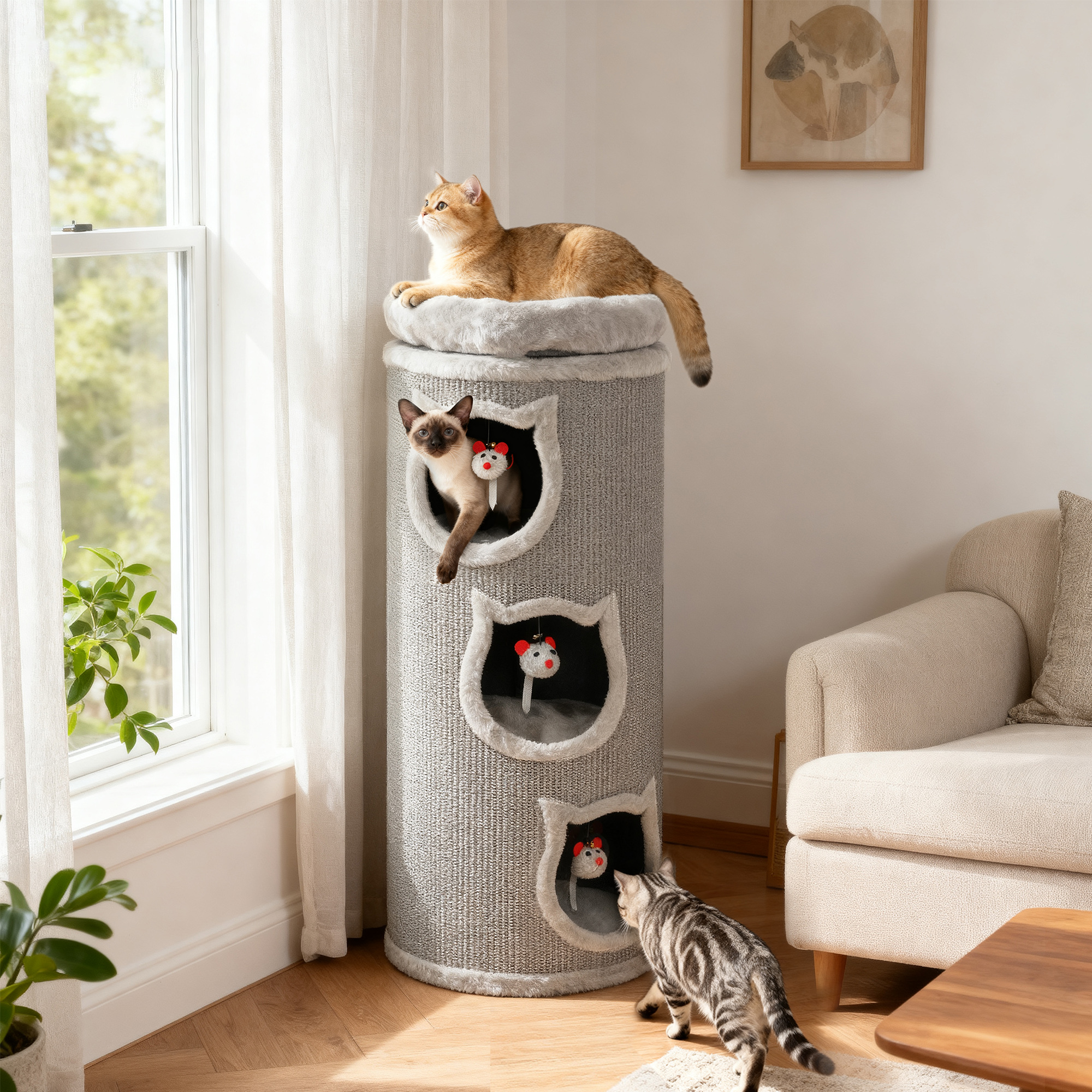 Katzenkratzfass, 96 cm, 4-Ebenen-Katzenturm mit waschbarem Bett, 3 Schlafhöhlen, Hängespielzeug, für mehrere Katzen Grau