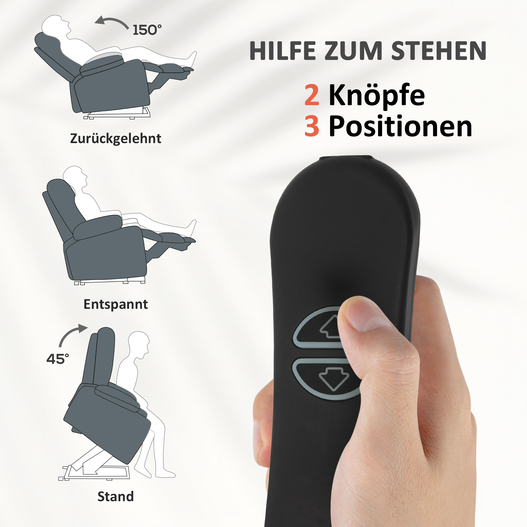 Aufstehsessel mit weichem Bezug, Recliner-Sessel mit Fernbedienung und Seitentaschen, Grau