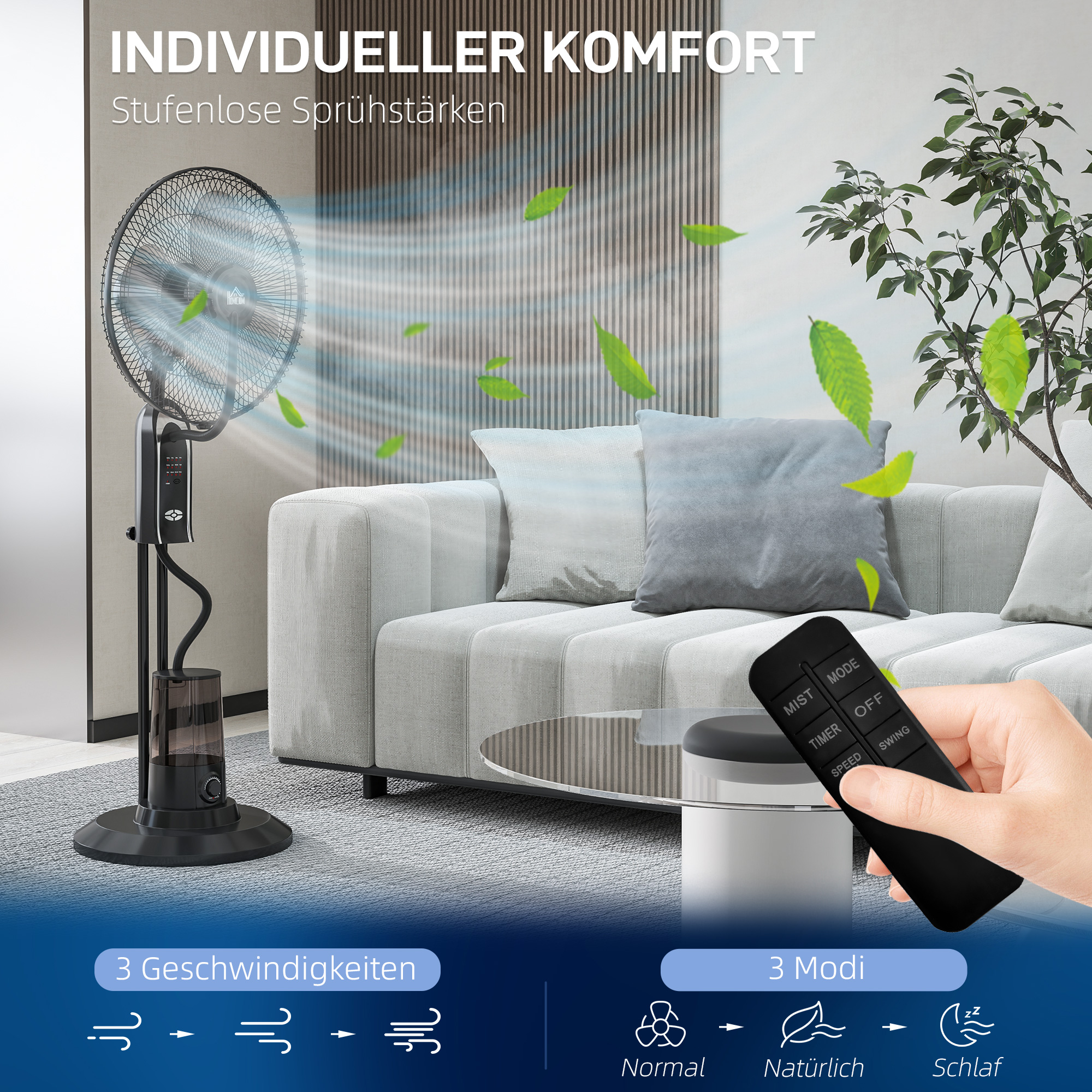 Ventilator mit Wasserkühlung, Luftbefeuchter, 10° Neigbar 70° Oszillierend 3 Geschwindigkeitsstufen 75W, Schwarz