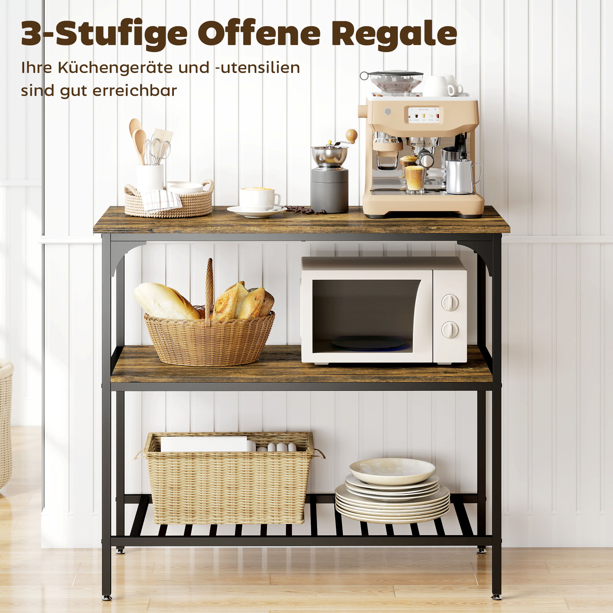 Bäckerregal, 3-stufiges Küchenregal mit Stahlrahmen, Rustikales Braun+Schwarz