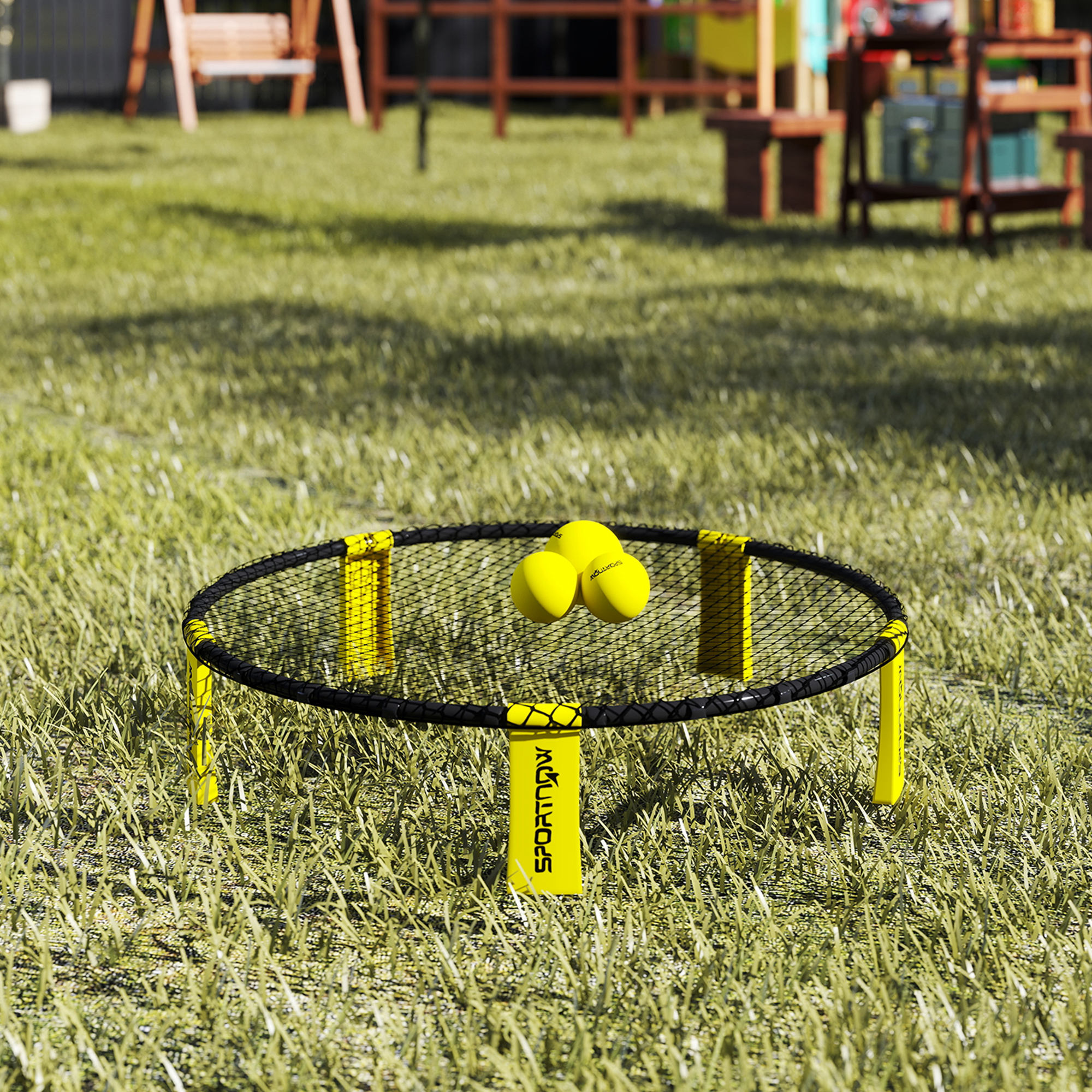 Roundnet Set Spieleset mit Spielnetz 3 Bällen Tragetasche Ballpumpe Blinngoball Set Ø92 x 20 cm Gelb