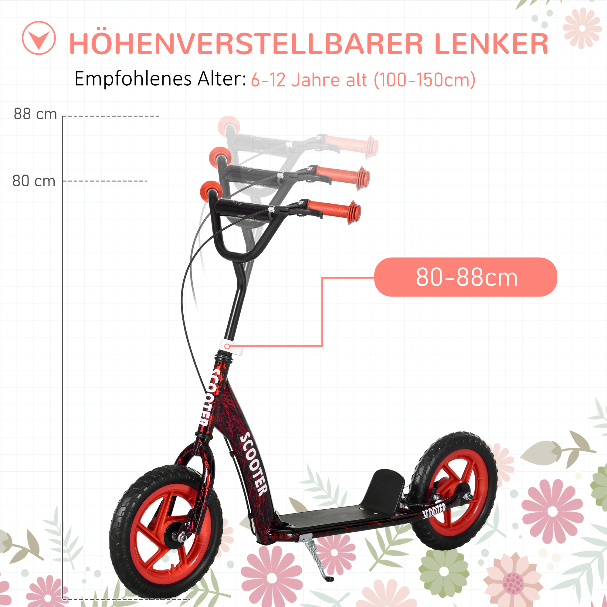 Kinderroller, höhenverstellbarer Tretroller für Kinder, mit Bremse, Ständer, 2 Räder, 50 kg Belastbarkeit, Stahl, Kunststoff, Rot