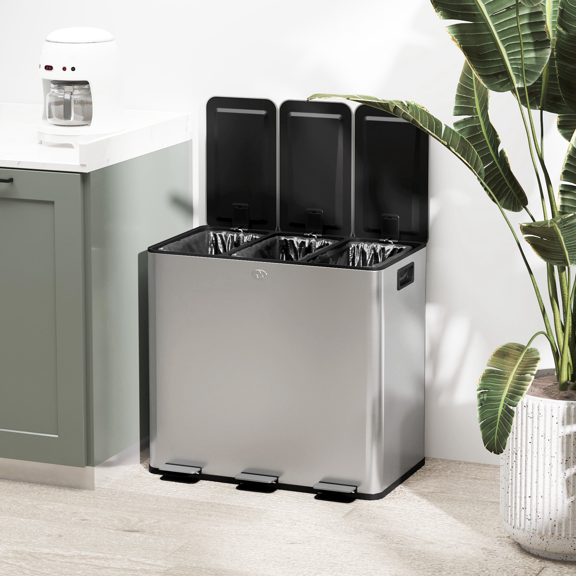 Mülleimer mit 3 x 20 L Fächern, Deodorant-Deckel, fingerabdrucksicher, Soft-Close, herausnehmbar, Silber