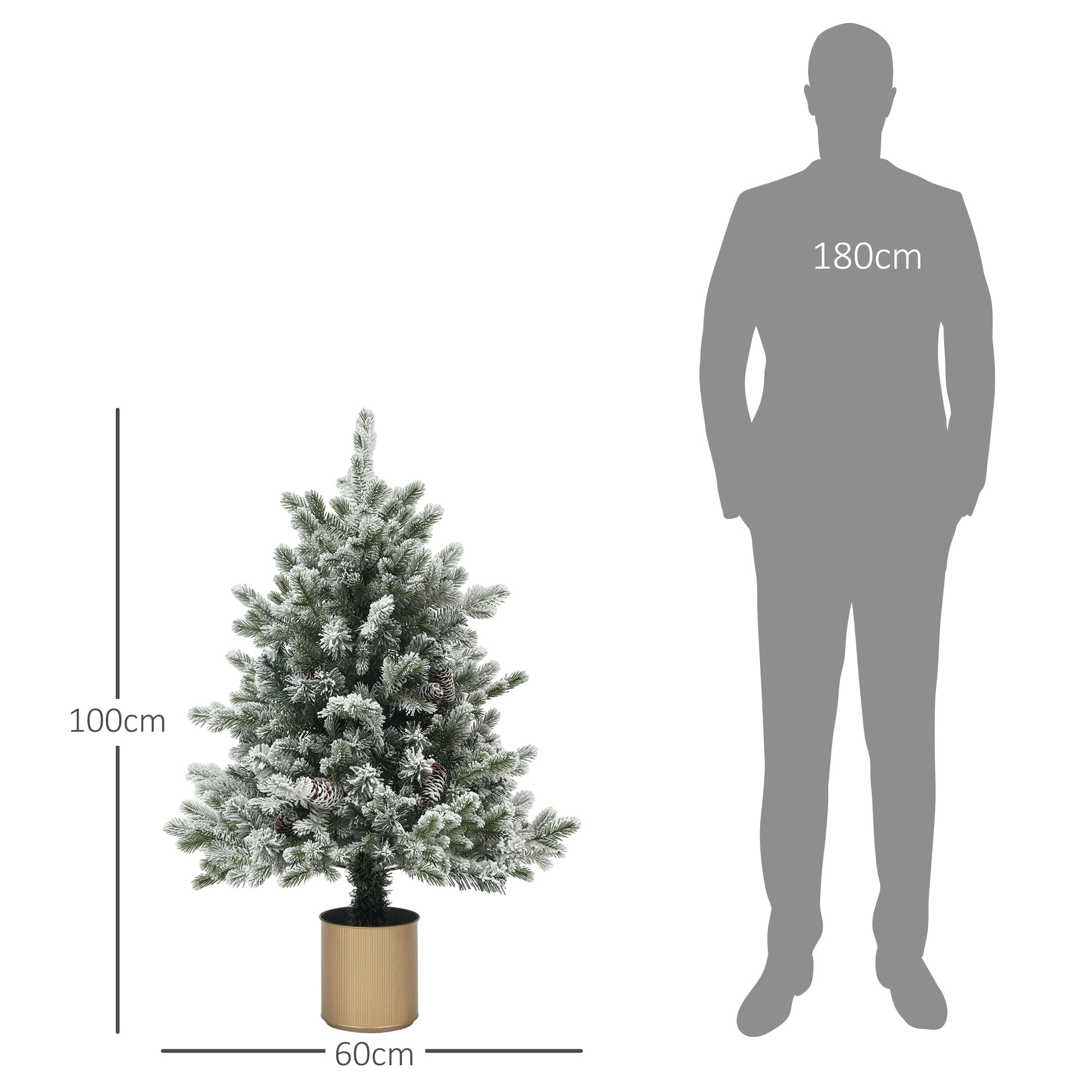 Weihnachtsbaum mit Tannenzapfen, schneebedeckt, flammenhemmend, stabil, Ø60 x 100H cm, Grün/Gold