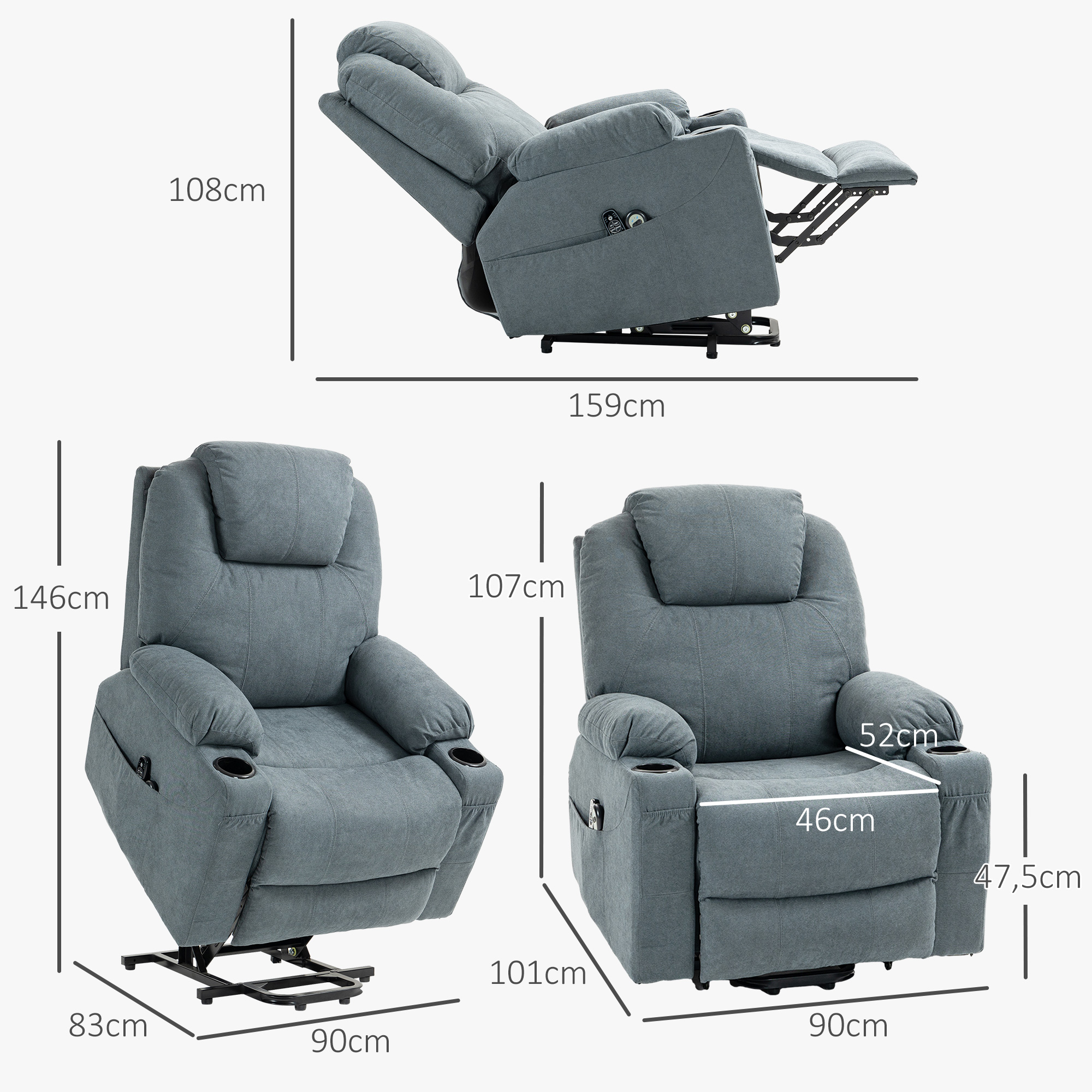 Massagesessel  Aufstehhilfe Seniorensessel, 8 Massagepunkte, Seitentaschen, Fernbedienung, 90L x 101B x 107 cm, Grau