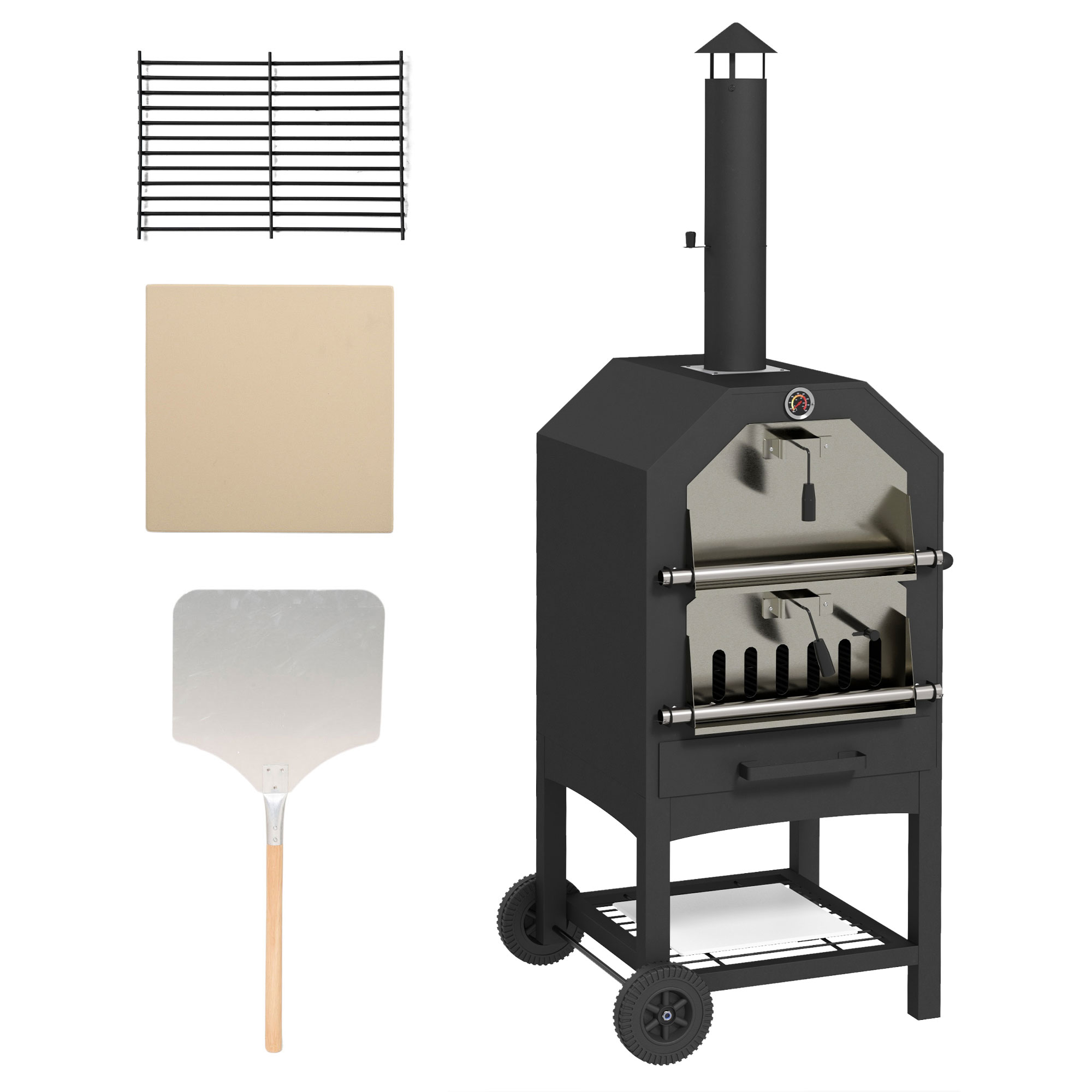 2-in-1 Outdoor Pizzaofen, mit Pizzastein, Aschefach, 2x Grillrost, Thermometer, rostfrei, Schwarz
