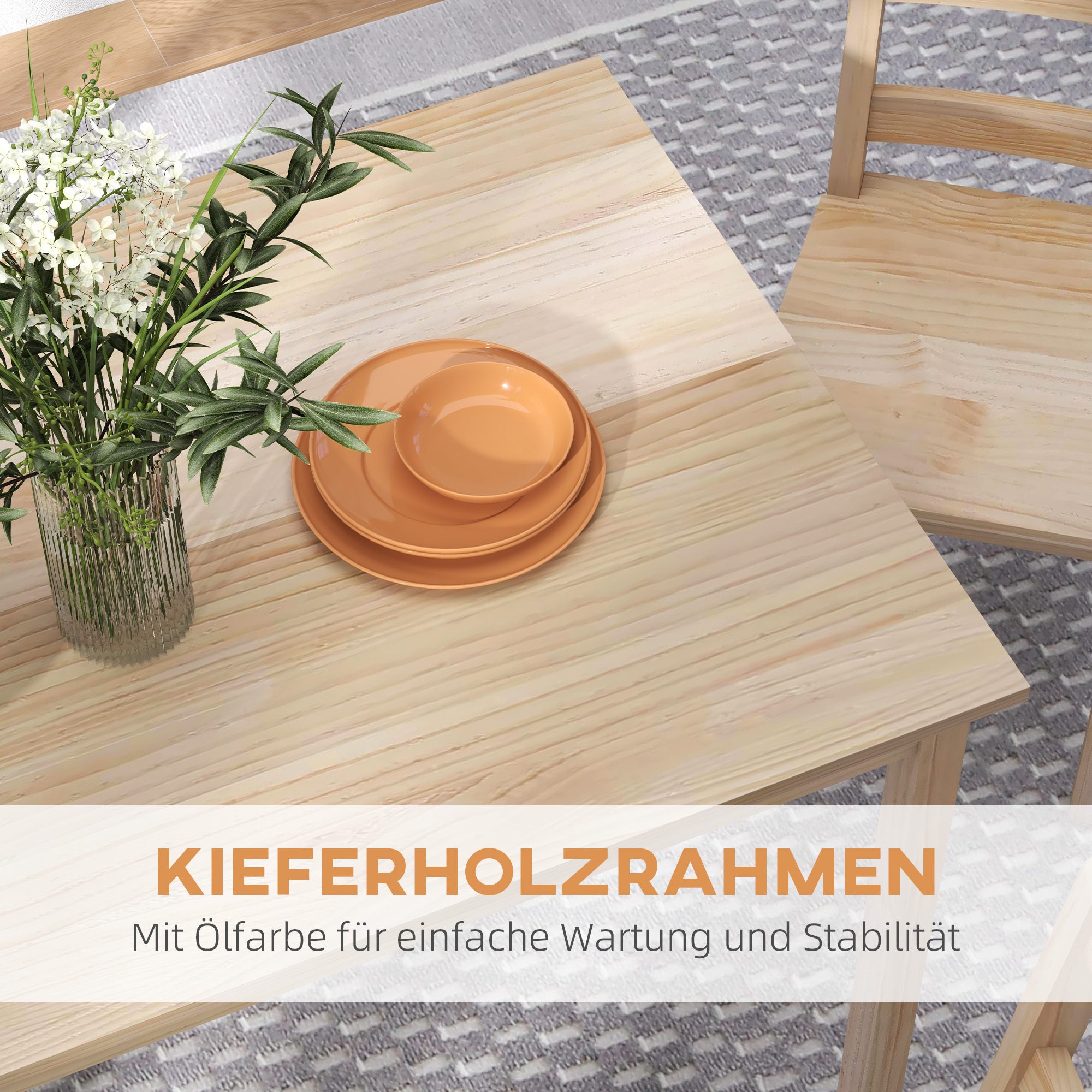 5-teilige Essgruppe Esstisch mit Stühlen Sitzgruppe, Massivholz, 118 cm x 73 cm x 75 cm, Natur