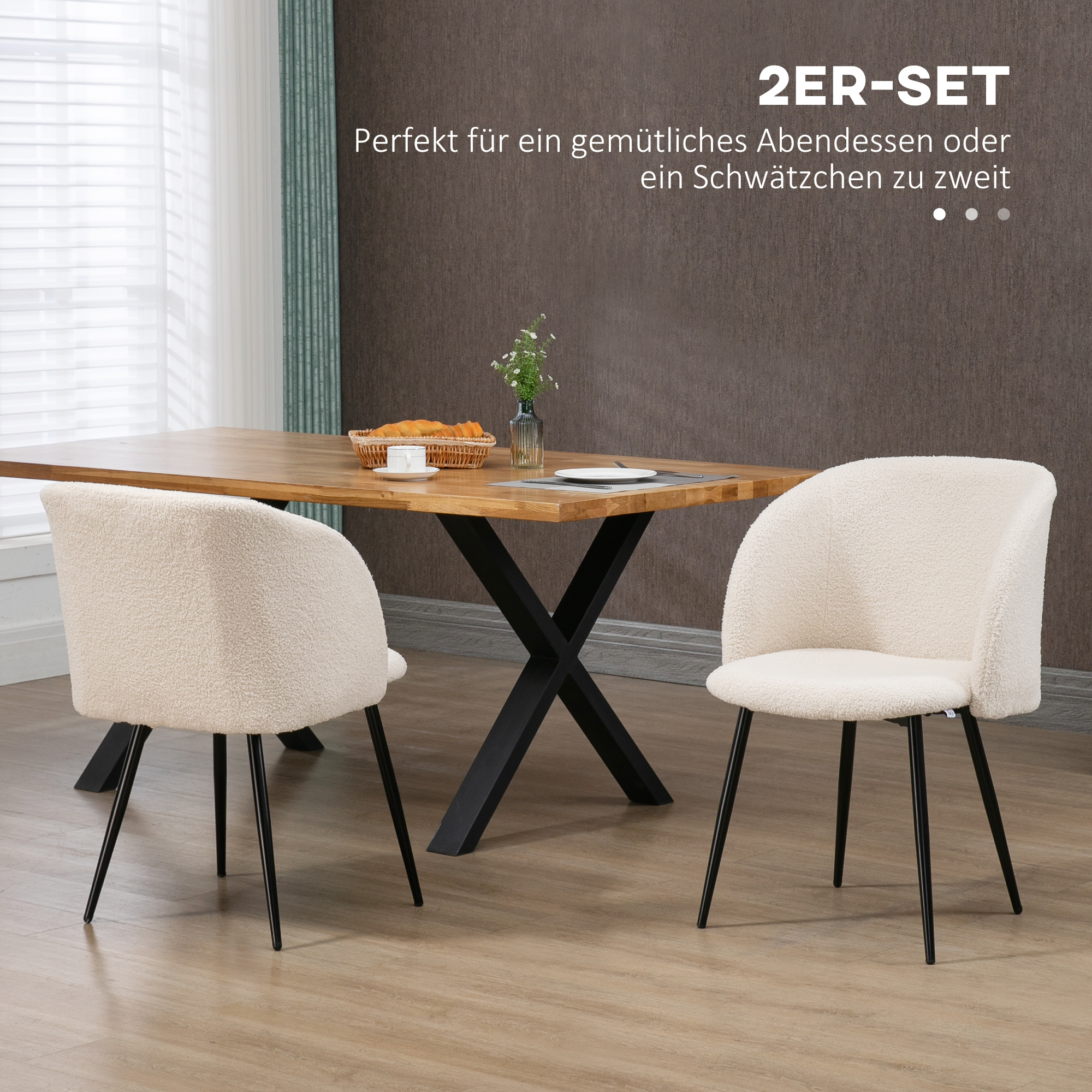 2er-Set Esszimmerstühle, Polsterstühle mit Stoffbezug, Küchenstühle mit Stahlbeinen, gewölbte Rückenlehne, Cremeweiß