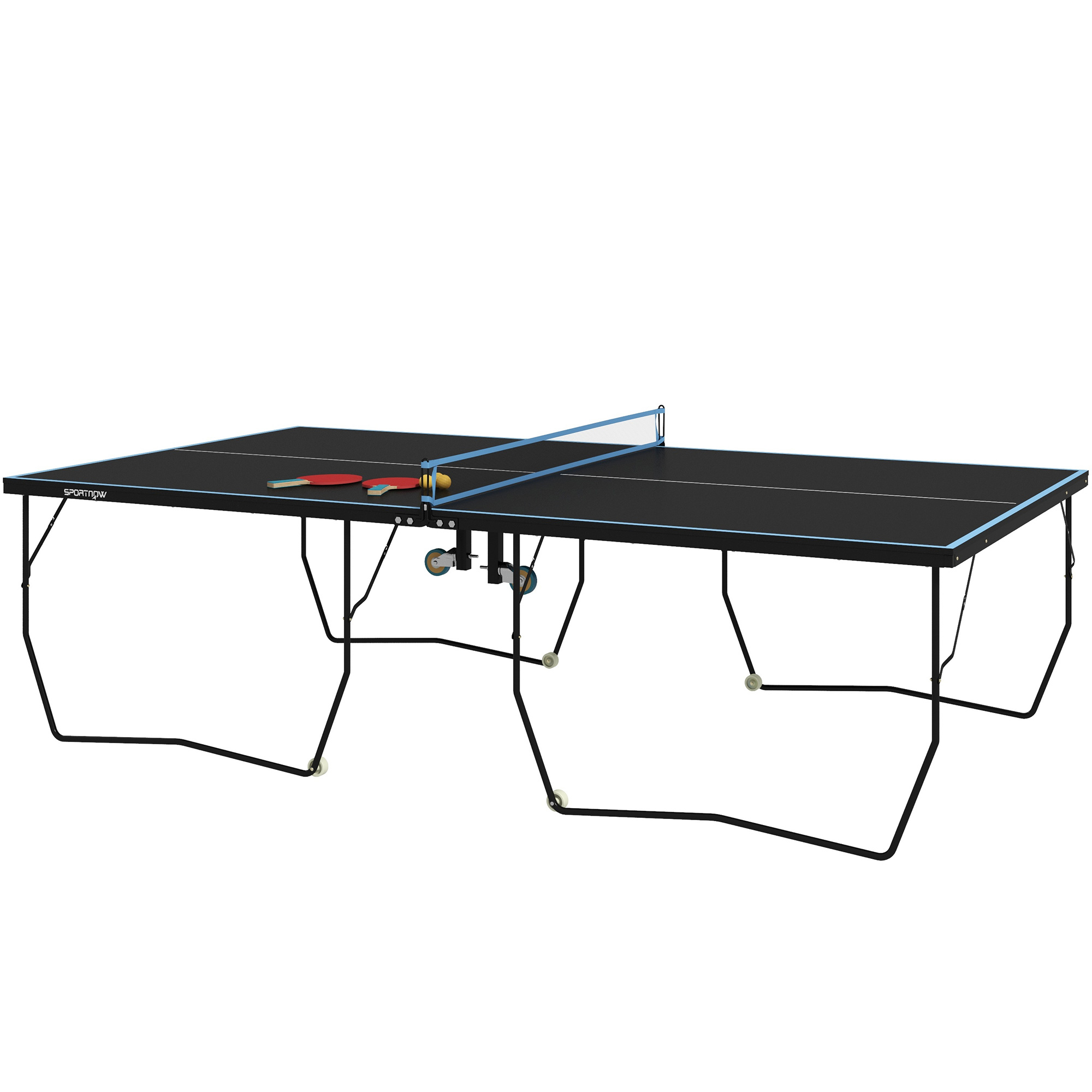Tischtennisplatte, klappbar, 8 Räder, pulverbeschichteter Stahlrahmen, MDF, 274 x 152,5 x 76 cm, Schwarz