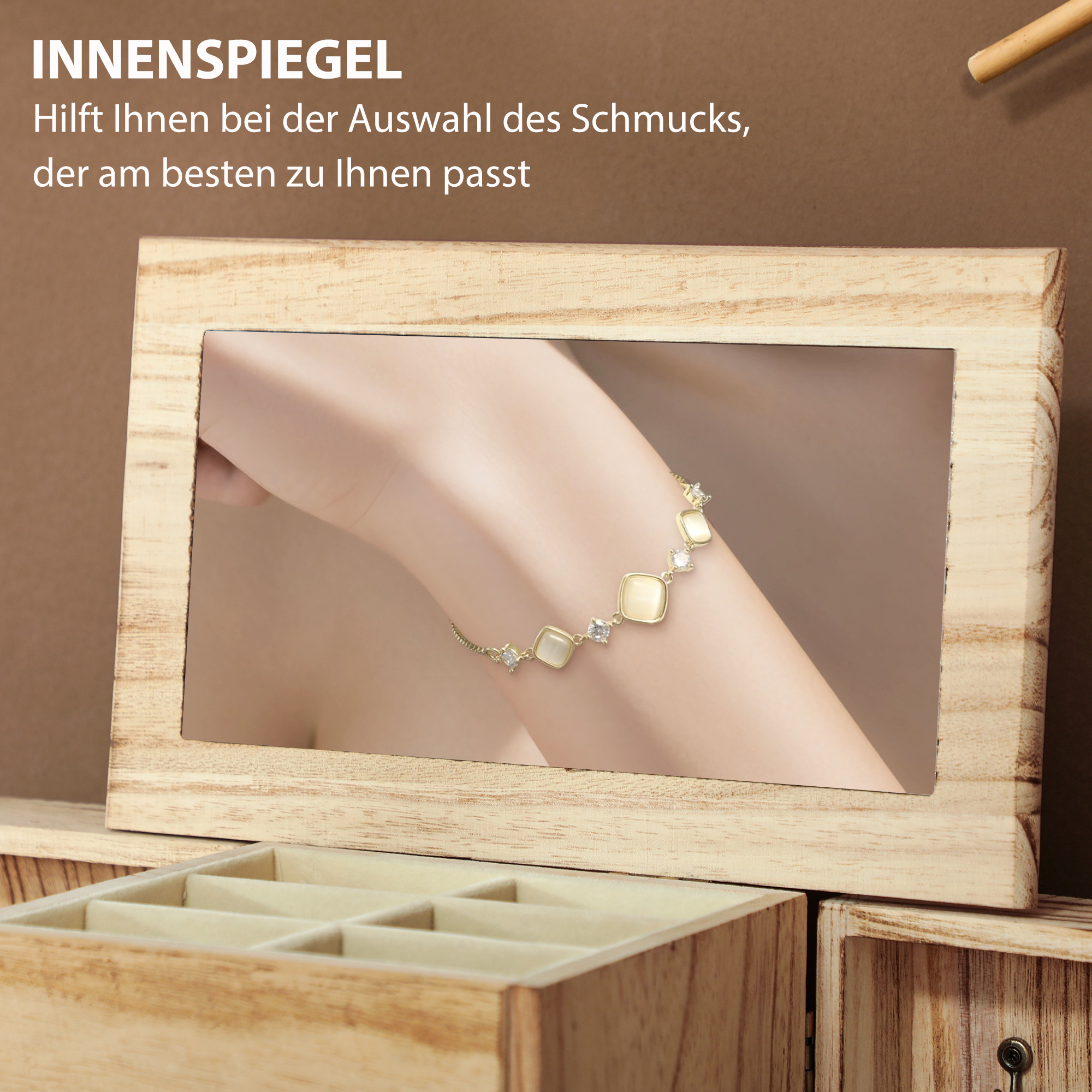 Schmuckbox, Schmuckschatulle, 4-stufiges Layout, integrierter Spiegel, Holz, Braun