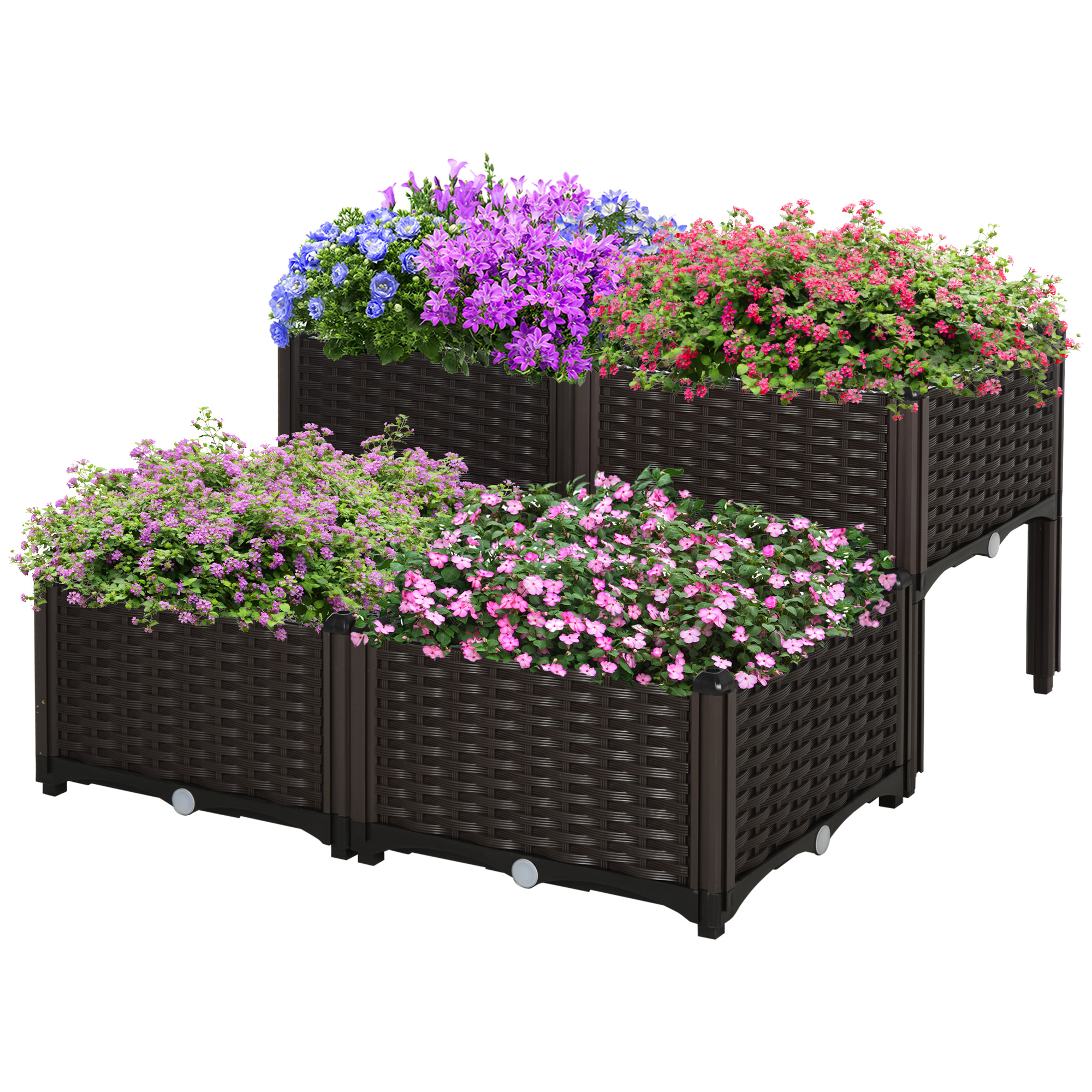 Hochbeet, Pflanzkasten mit Abflusslöchern, Blumenkasten im Rattan-Look, Kunststoff, Braun, 40 x 40 x 44 cm