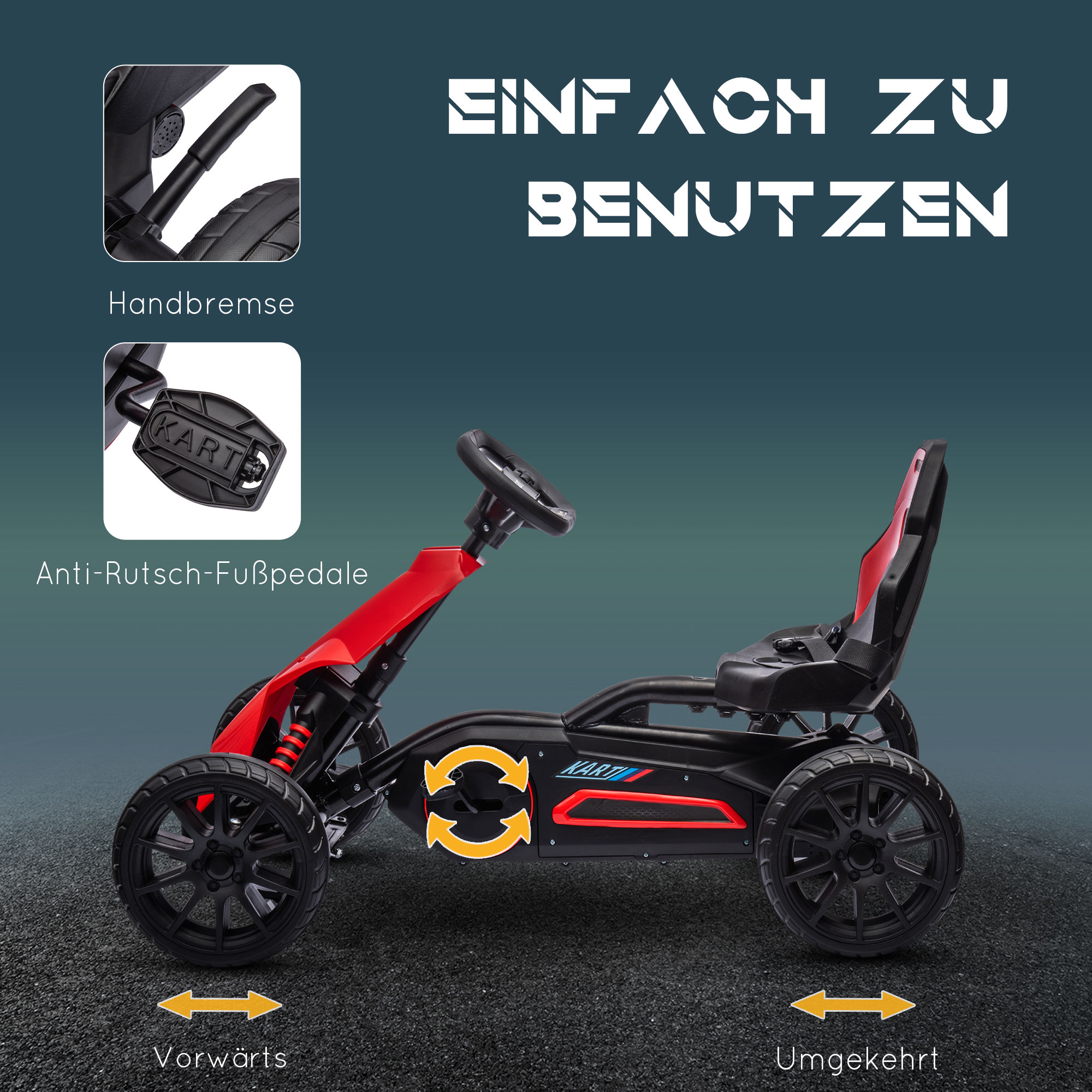 Go Kart Pedal Go Kart Rückwärts-uns Vorwärtsgang, für Kinder von 3 bis 8 Jahren, Rot