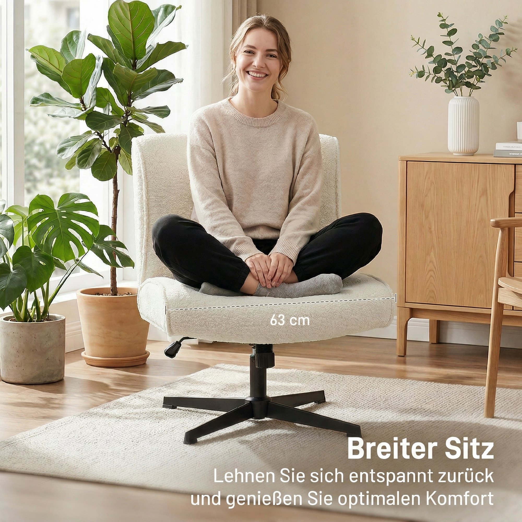 Drehbarer Akzentstuhl, Samtgepolsterter Lounge-Sessel mit Höhenverstellung für Wohnzimmer, Büro, Cremeweiß