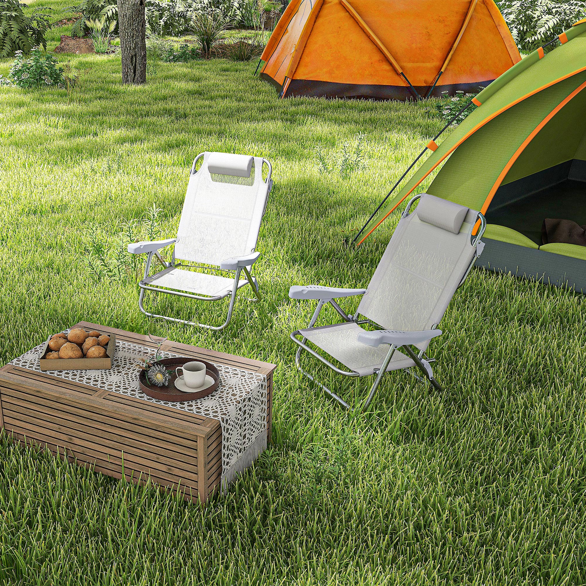 2er Set Campingstühle klappbar Campingstuhl mit 6-fach verstellbarer Netzrückenlehne Kopfstütze 62 x 65 x 80 cm Hellgrau